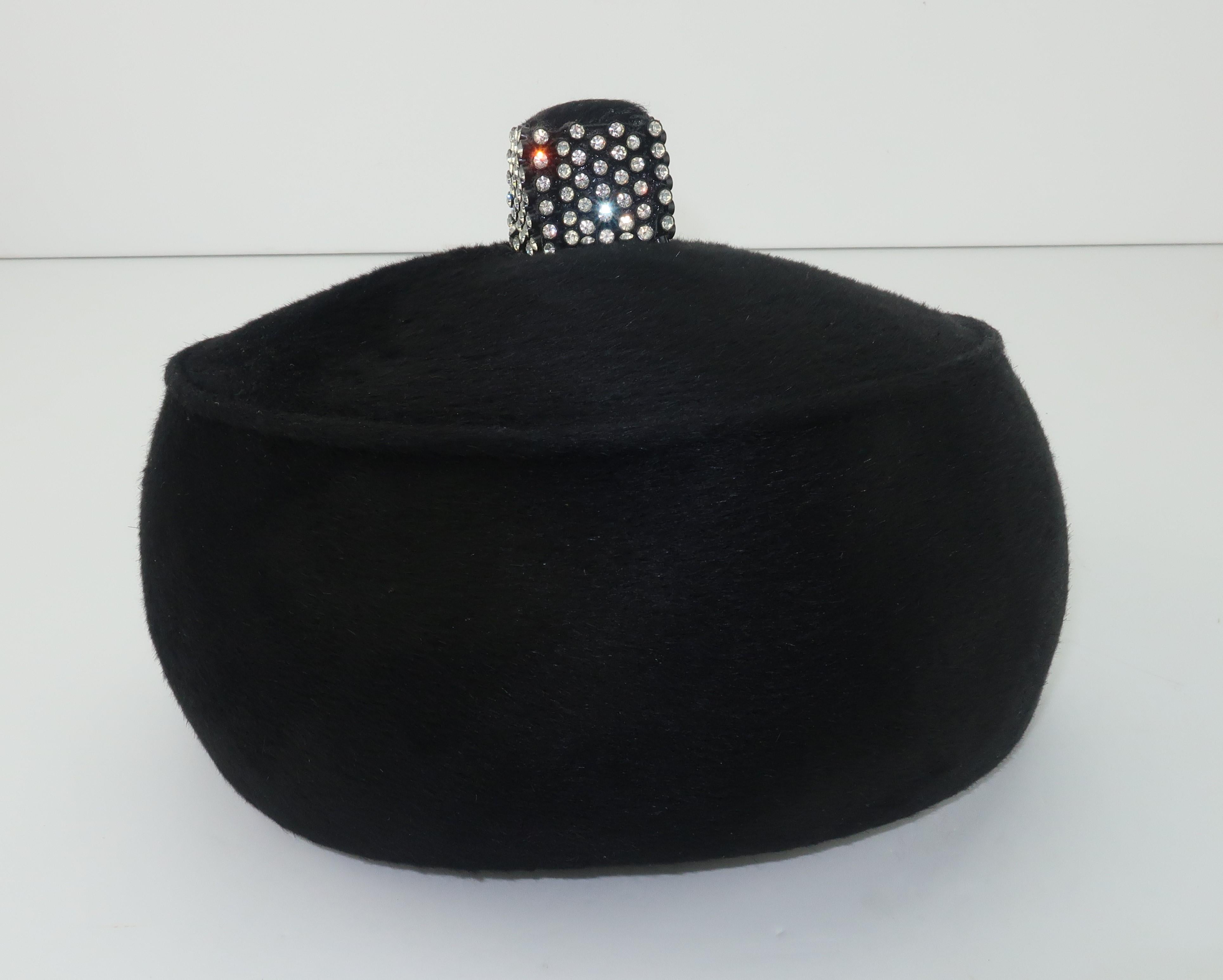 1960's Coralie Black Mohair & Rhinestone Toque Turban Style Hat 3