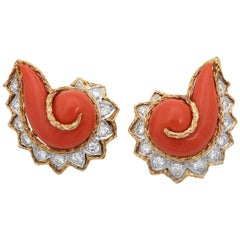 1960s Cornucopia  Coral  Diamond Gold Earrings