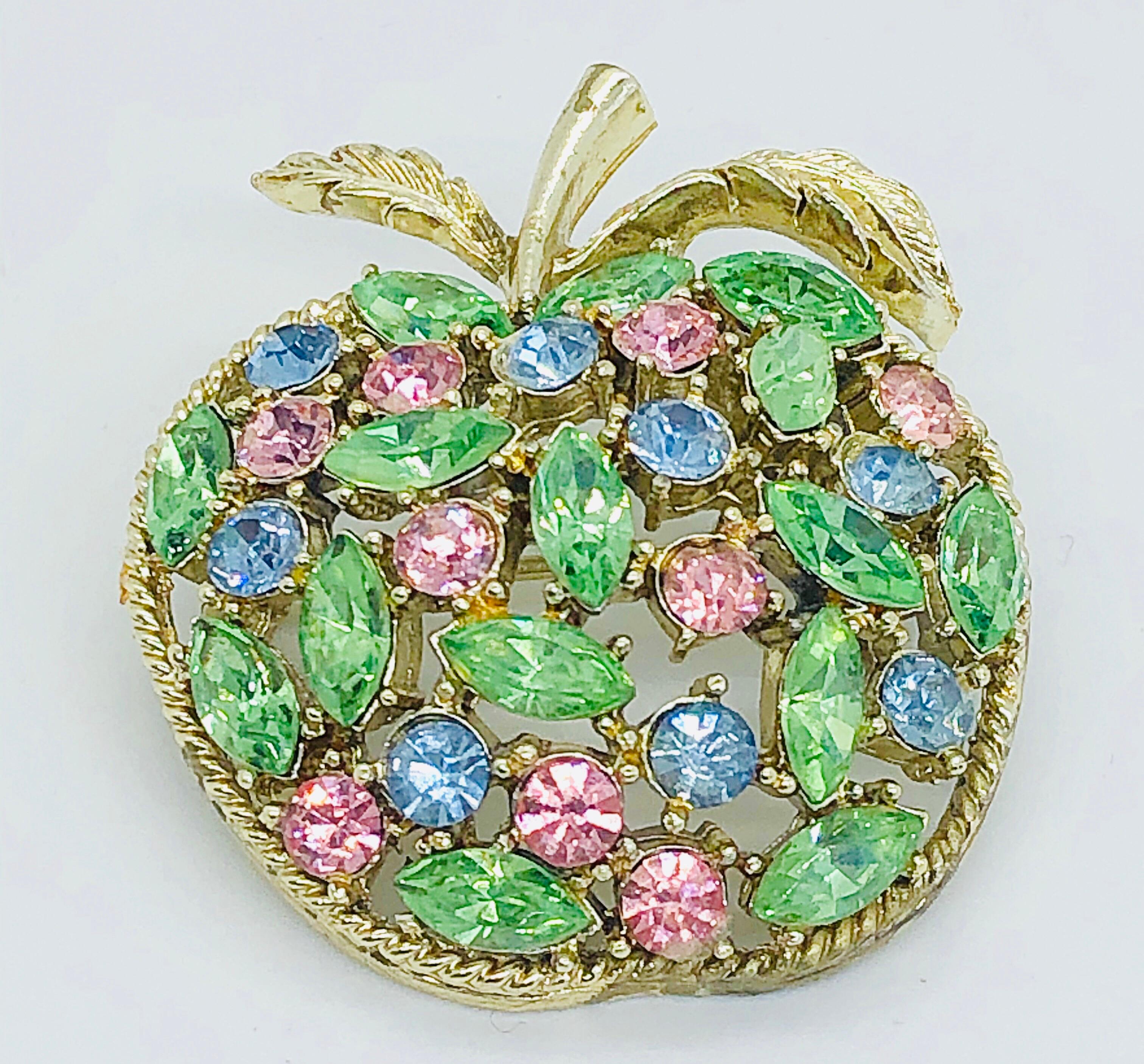 1960s Coro Apple Pink Green Blue Gold Novelty Rhinestone Vintage 60s Brooch Pin In Excellent Condition For Sale In San Diego, CA