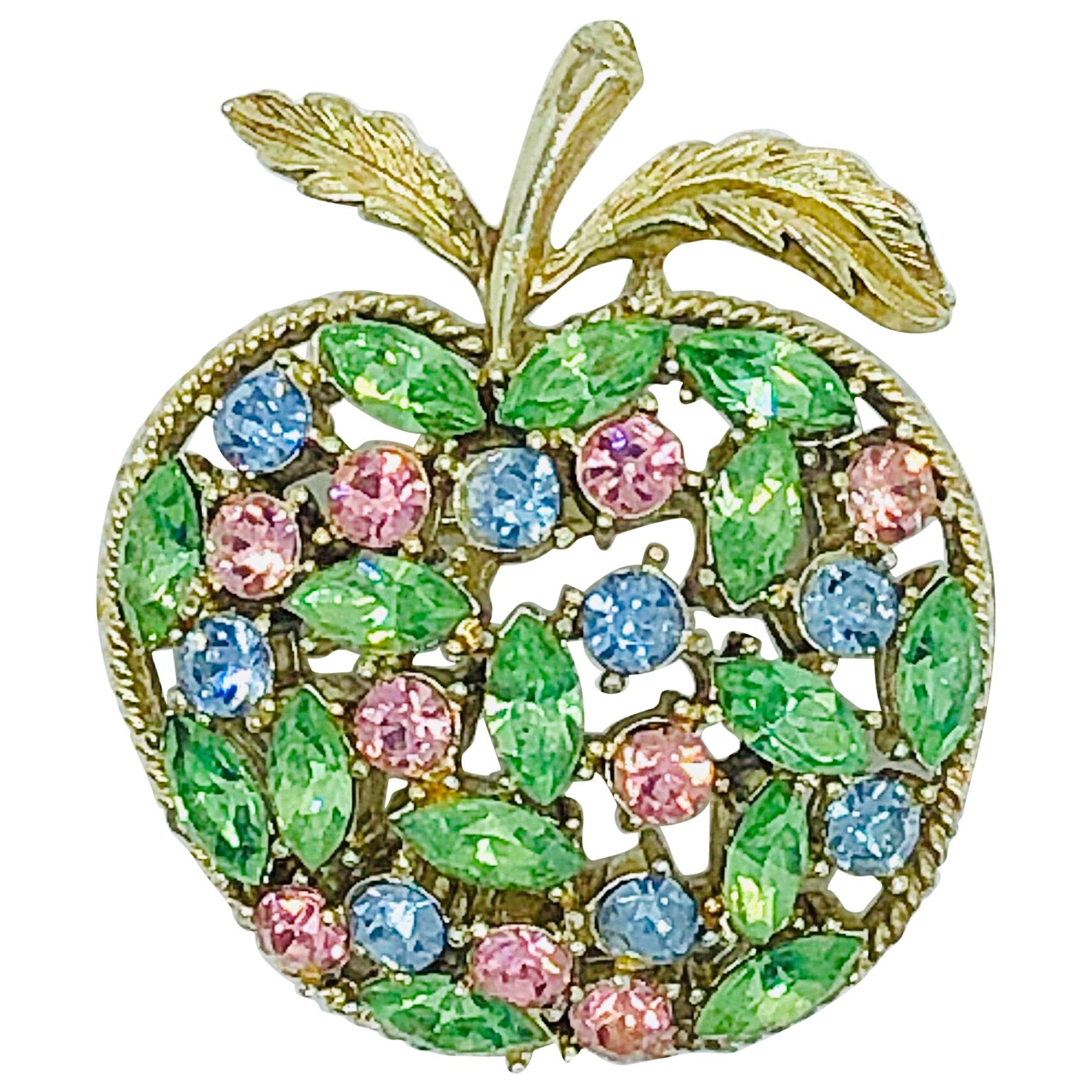 1960s Coro Apple Pink Green Blue Gold Novelty Rhinestone Vintage 60s Brooch Pin For Sale