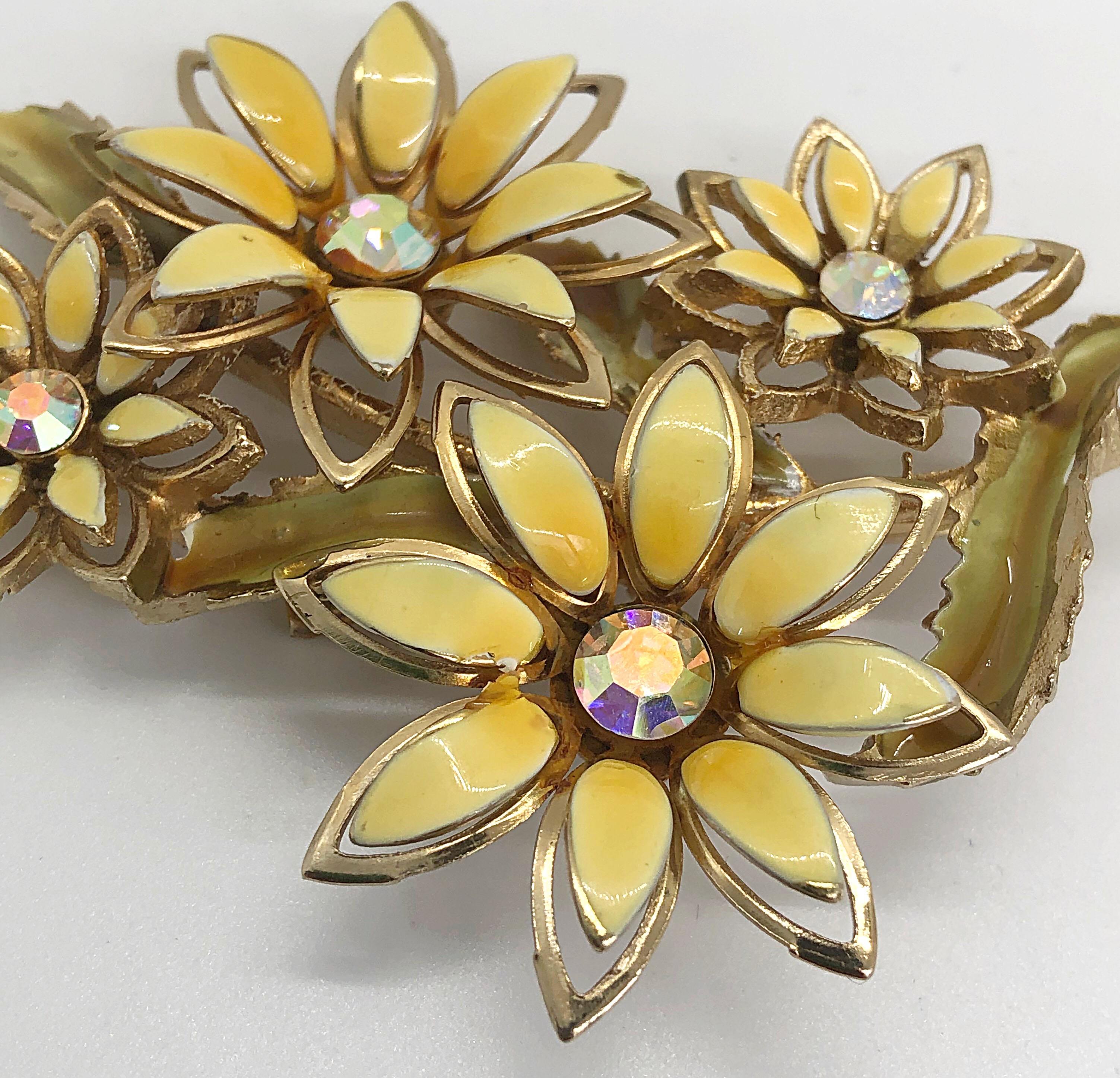 1960s Coro Signed Yellow + Gold Enamel Daisy Rhinestone Large Vintage Brooch Pin For Sale 3