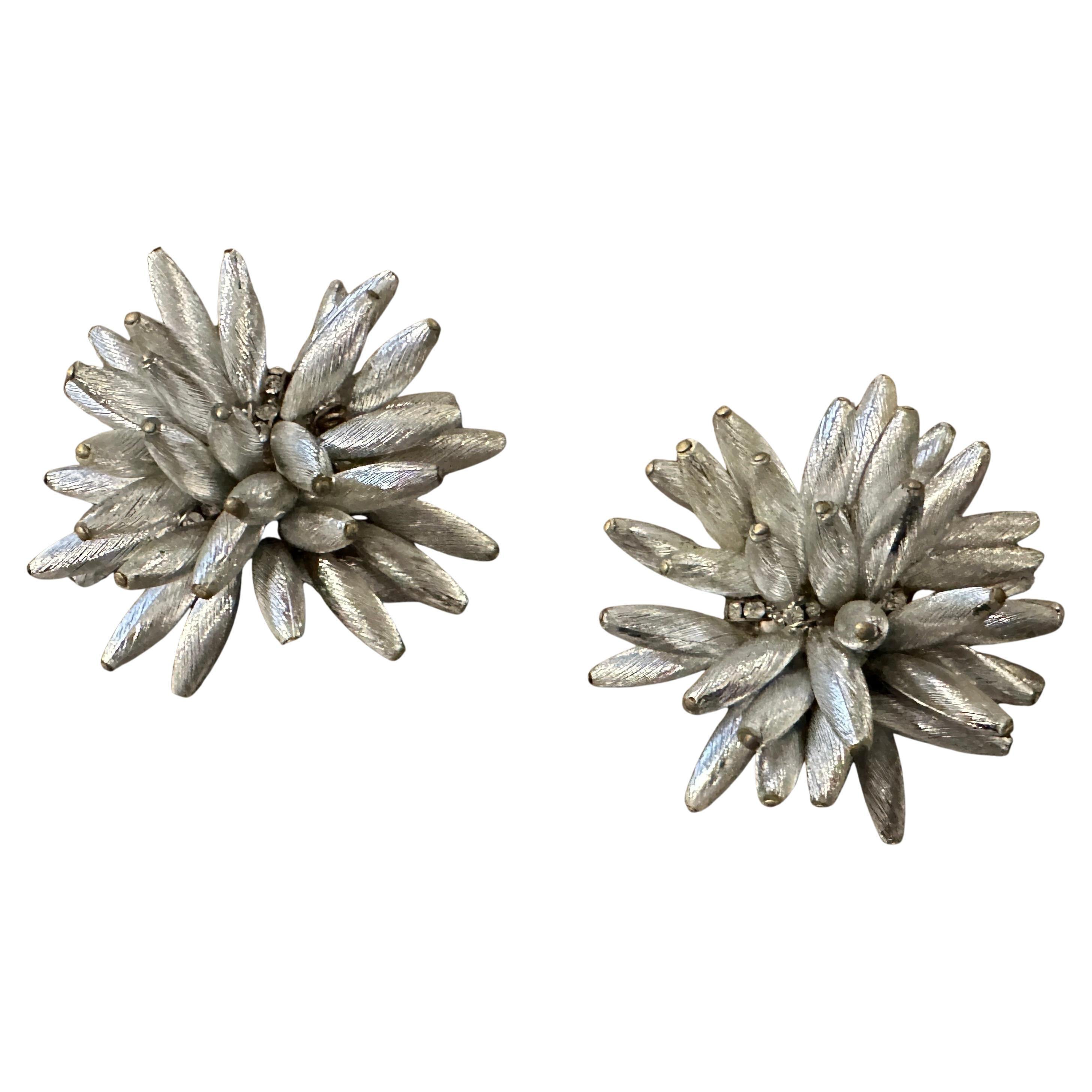 1960s Costume Jewelry Silver Tone Floral Italian Clip-On Earrings