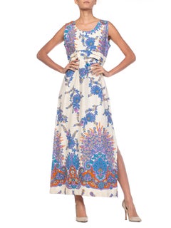 1960S  Cotton Barkcloth Hawaiian Gold Foil Printed Maxi Dress