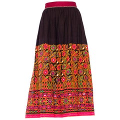 1960S Black Cotton Indian  Skirt Embroidred In Orange & Pink Flowers With Mirro