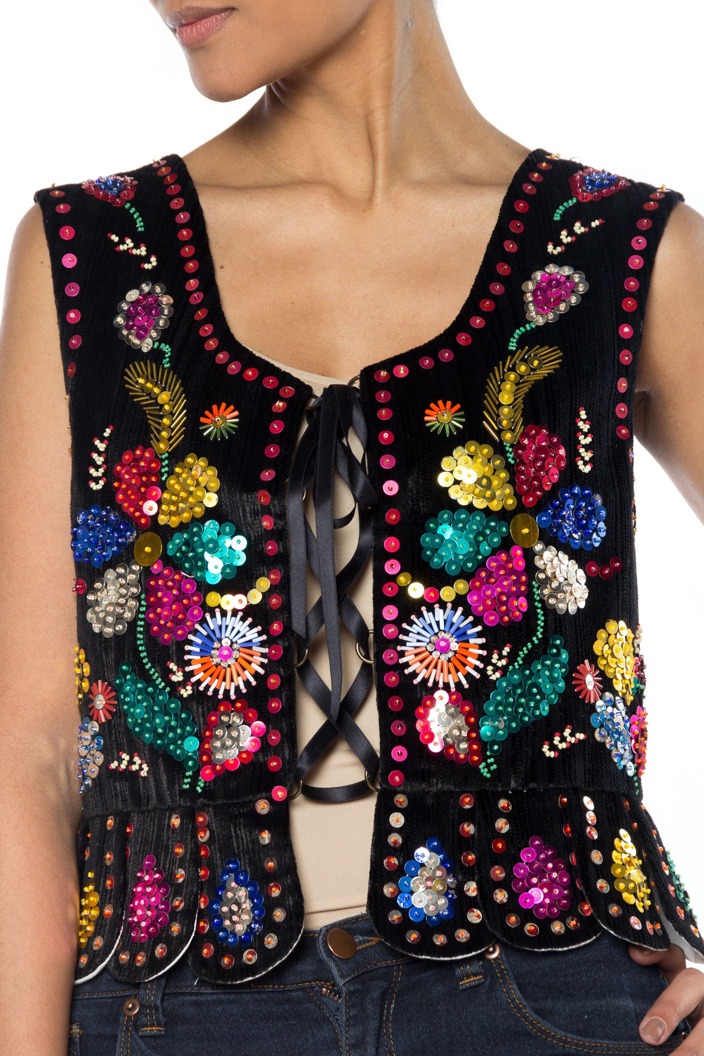1960S Black Rayon & Cotton Velvet Boho Lace-Up Top Beaded With Colorful Metal S In Excellent Condition In New York, NY