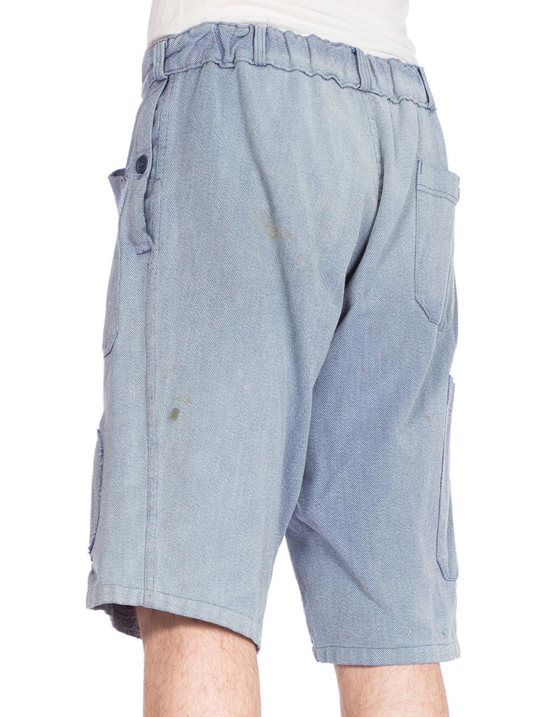 Gray 1950S Cotton Denim French Workwear Carpenter Shorts With Elasticated Waist
