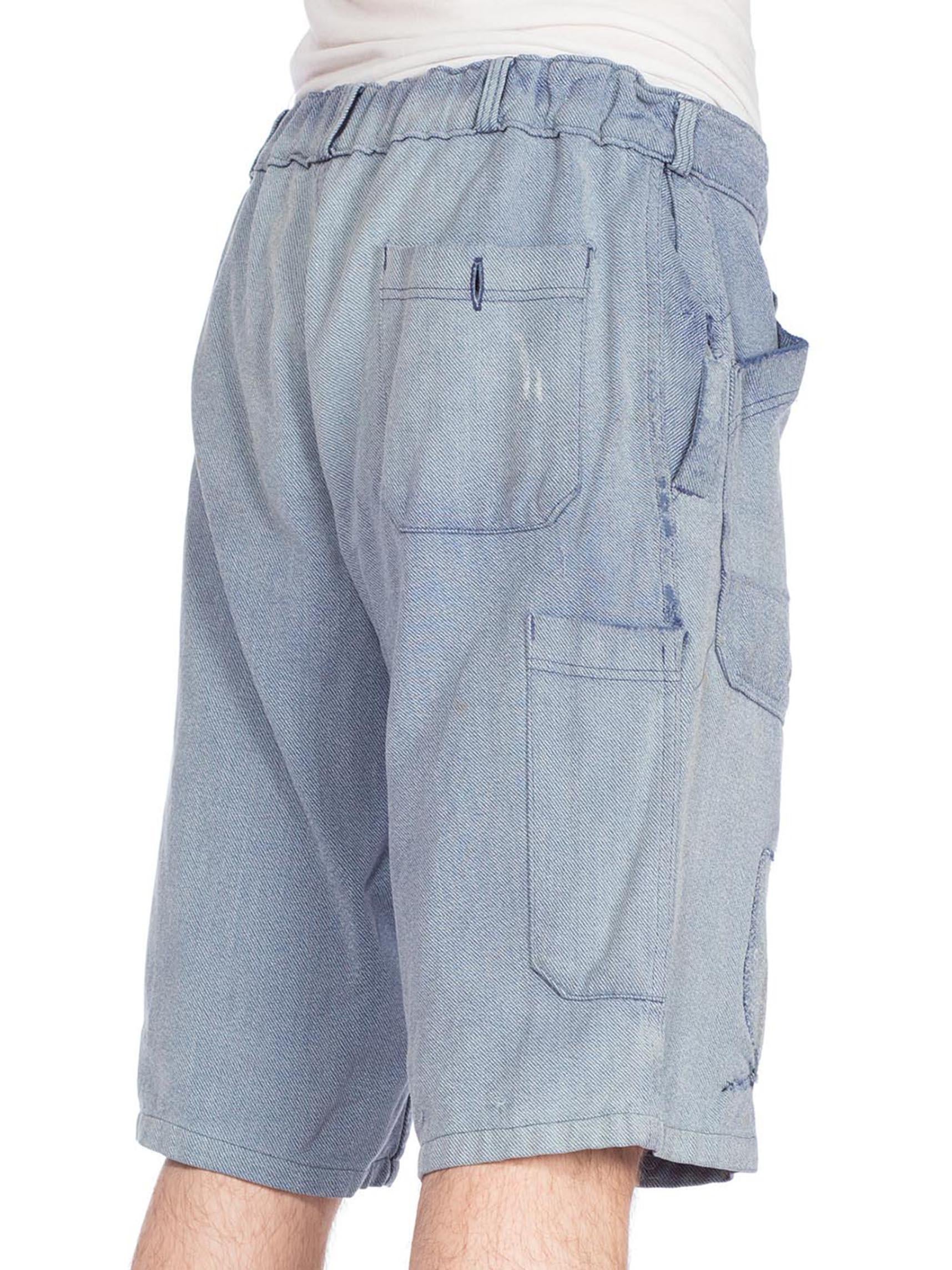 1950S Cotton Denim French Workwear Carpenter Shorts With Elasticated Waist In Excellent Condition In New York, NY