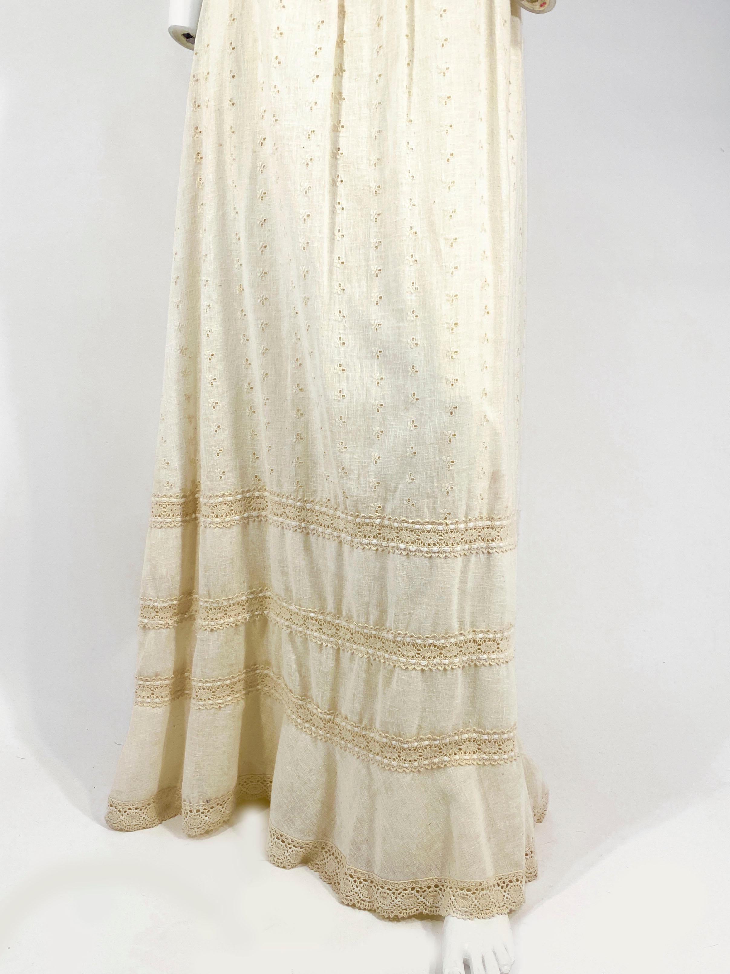Beige 1960s Cotton Full-Length Dress with Crochet Trim For Sale