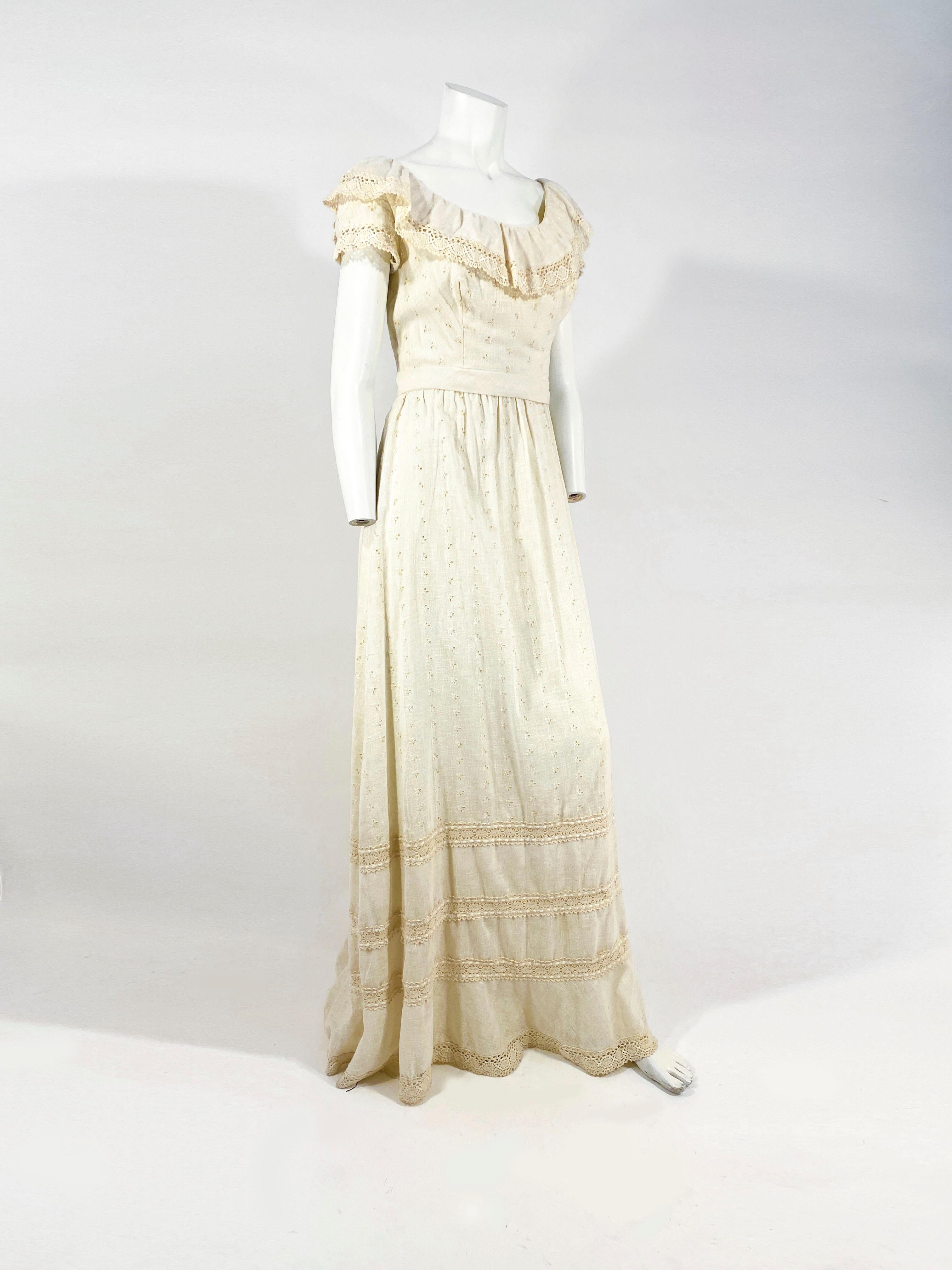 Men's 1960s Cotton Full-Length Dress with Crochet Trim For Sale