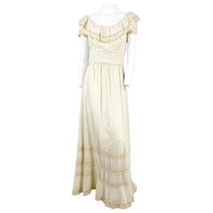 Retro 1960s Cotton Full-Length Dress with Crochet Trim