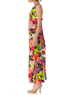 1960S Cotton Mod Hawaiian Floral Printed Maxi Dress With Side Slit