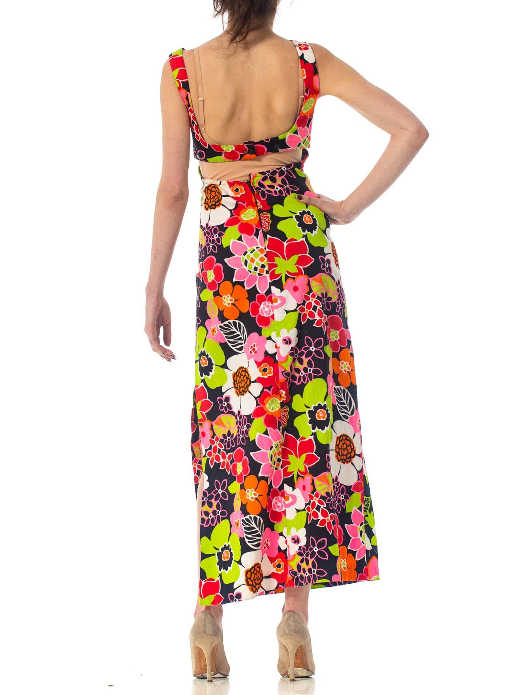 Women's 1960S Cotton Mod Hawaiian Floral Printed Maxi Dress With Side Slit For Sale