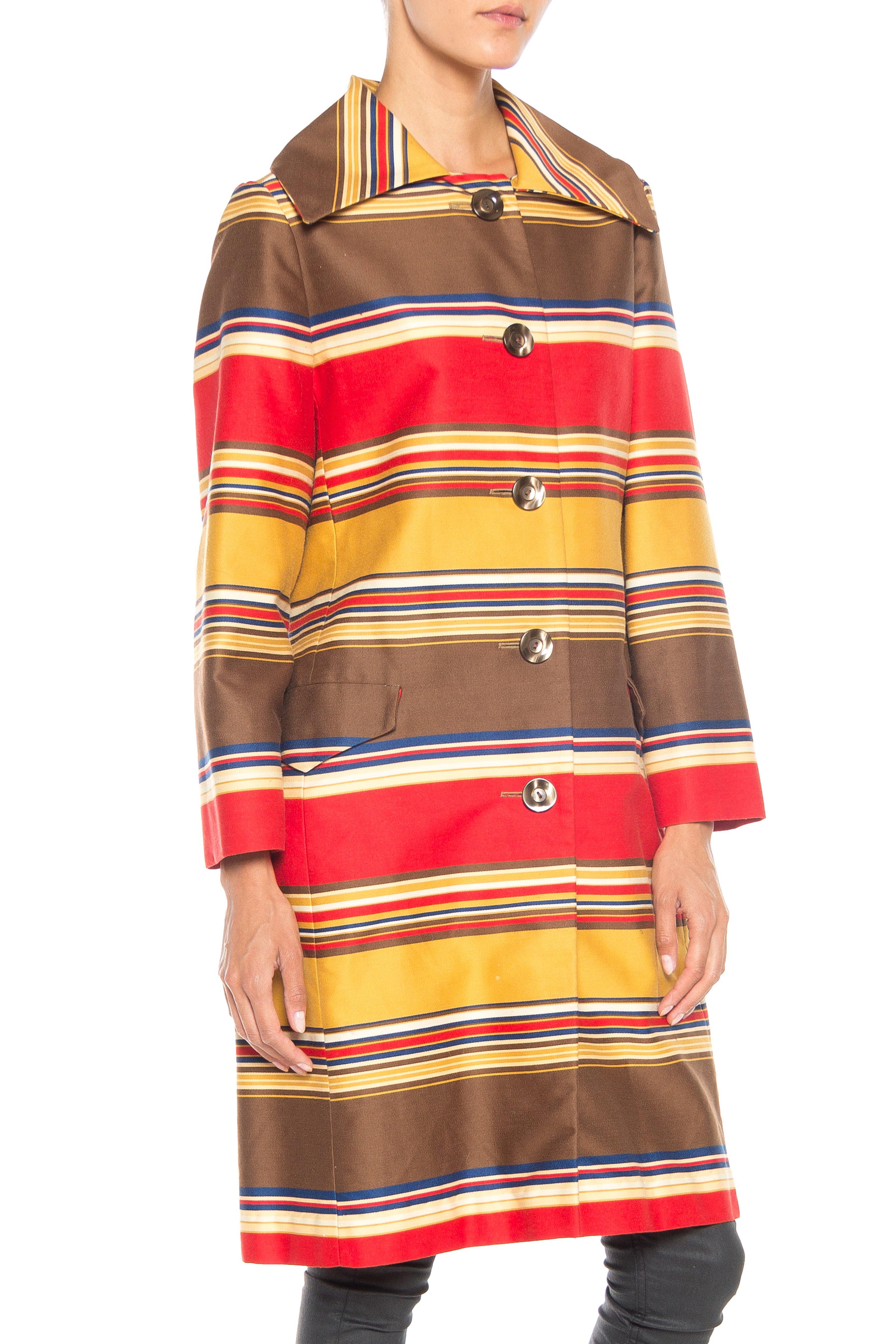 1960S Brown Multicolor Striped Cotton & Wool Sateen Lightweight Mod Coat In Excellent Condition In New York, NY