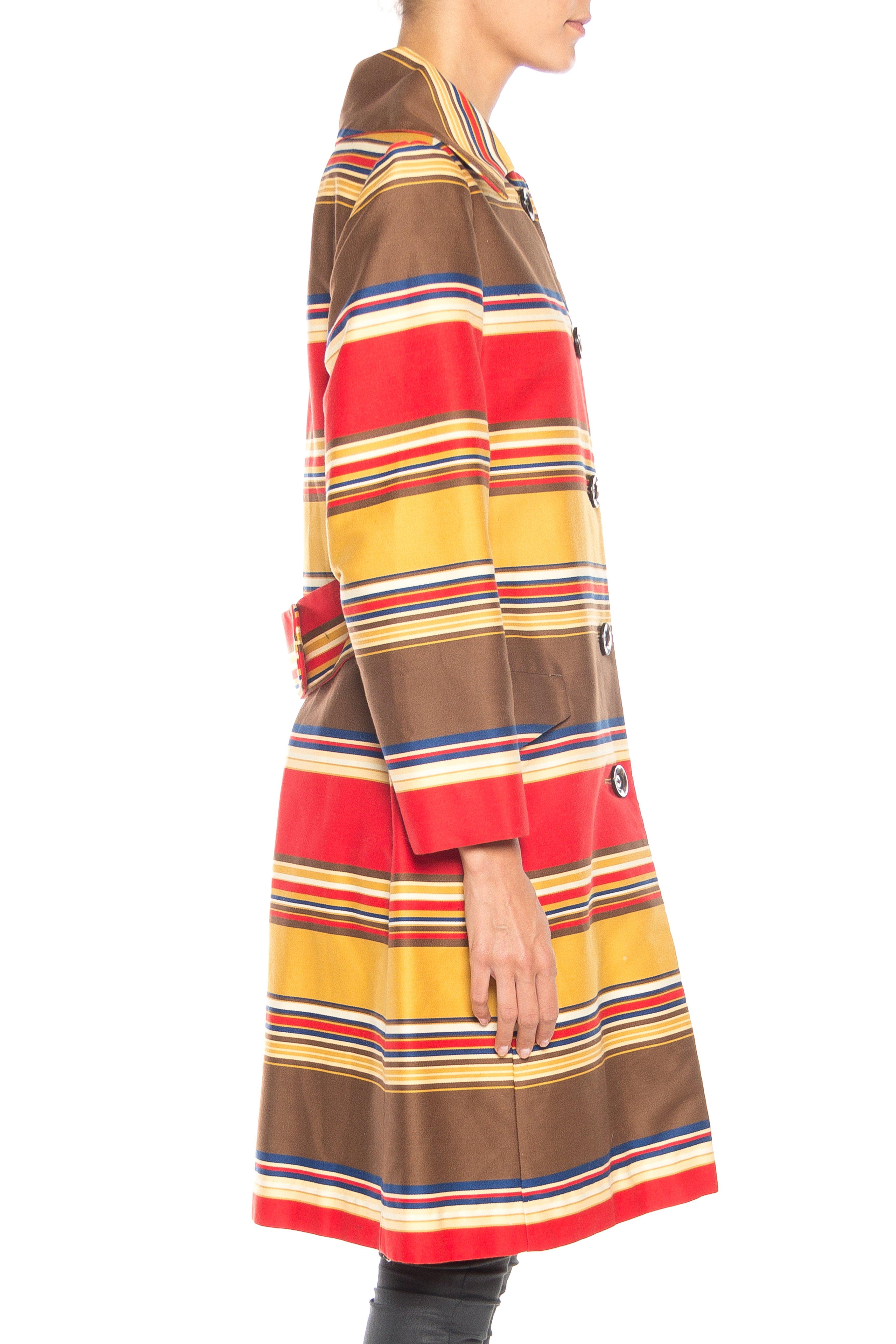 Women's 1960S Brown Multicolor Striped Cotton & Wool Sateen Lightweight Mod Coat