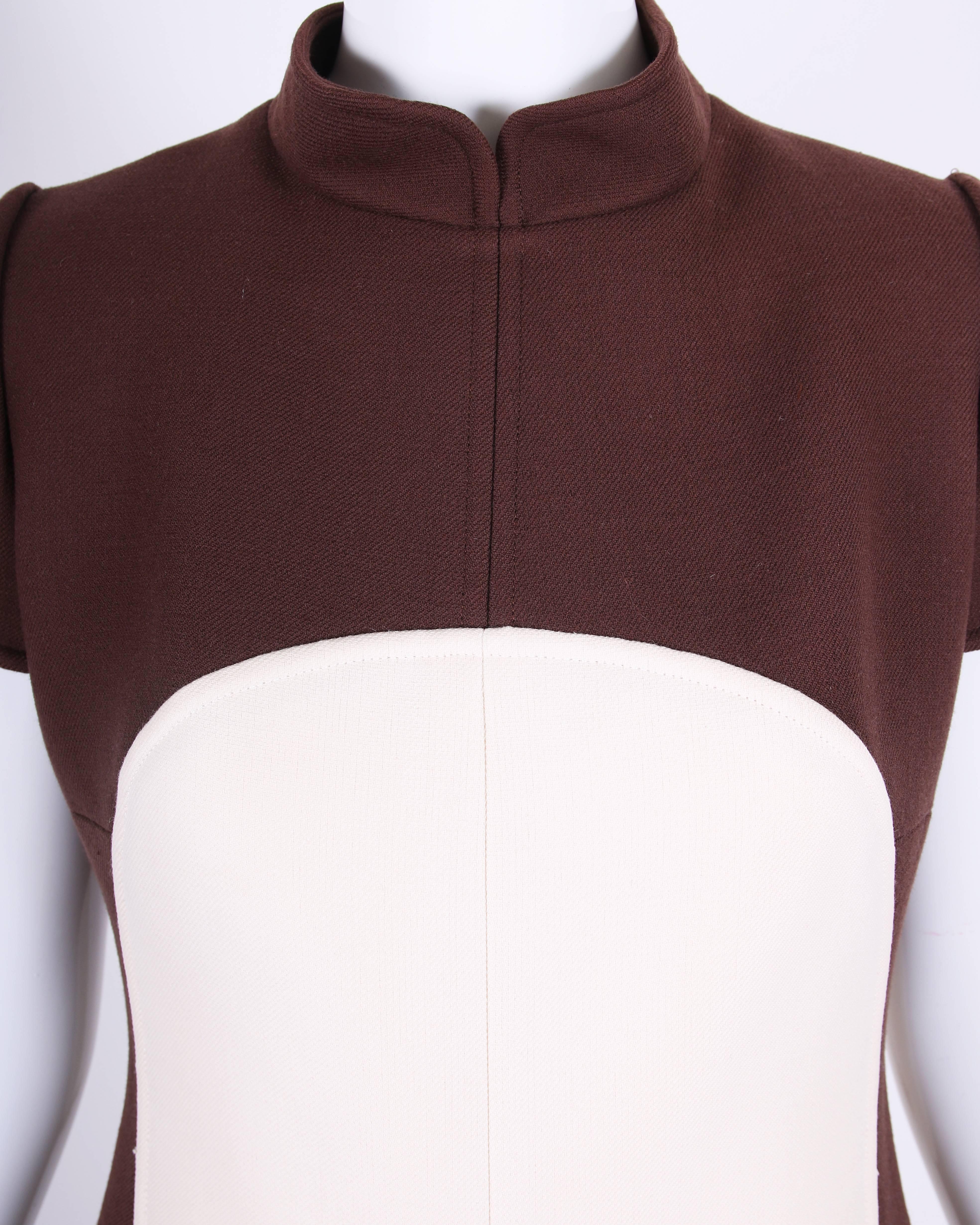 Courreges Brown and Creme Wool Mod Space Age Day Dress with Circle Motif, 1960s  In Excellent Condition In Studio City, CA