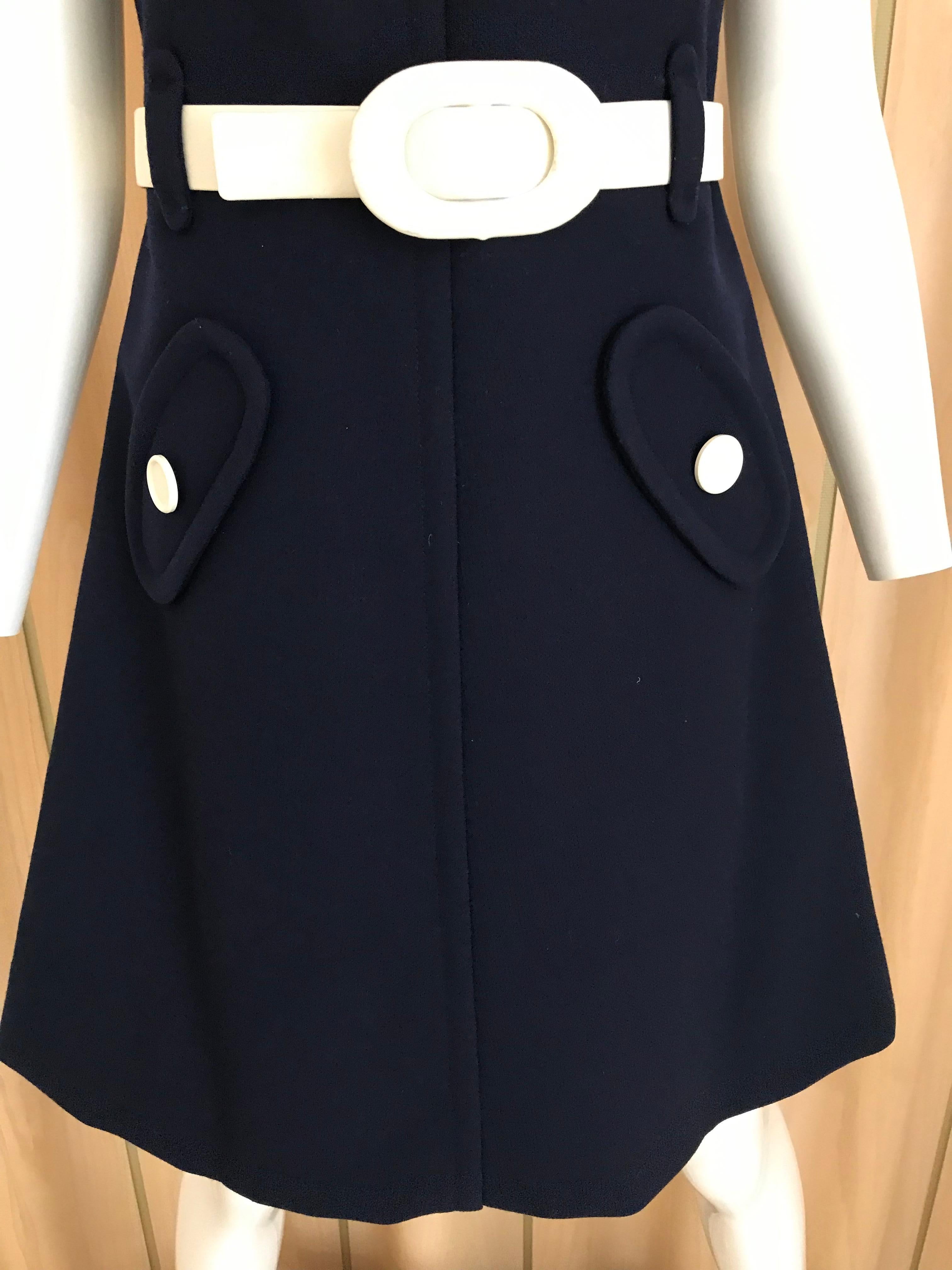 1960s Courreges Navy Blue Sleeveless Shift Dress with Belt 4