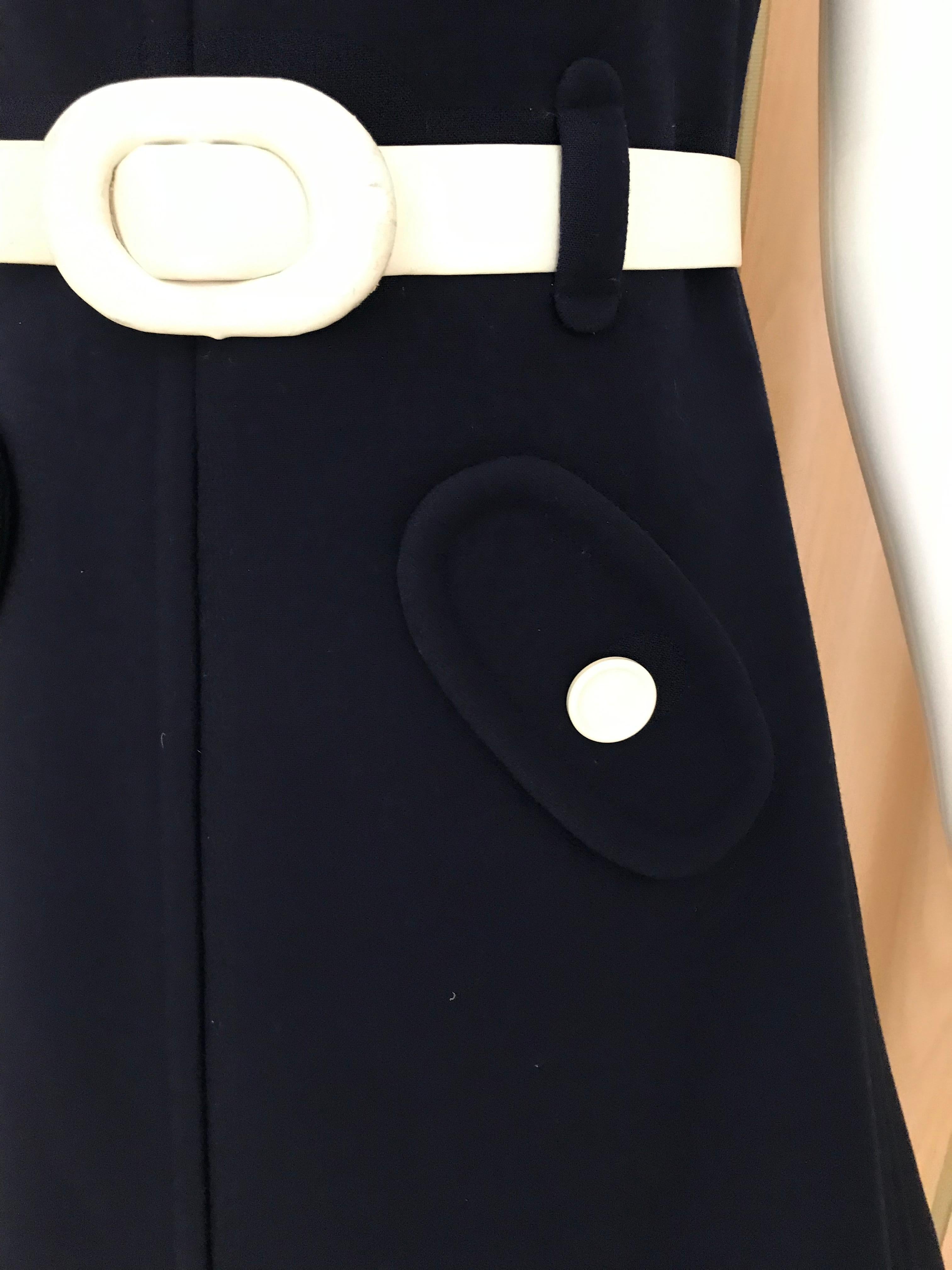 1960s Courreges Navy Blue Sleeveless Shift Dress with Belt 5