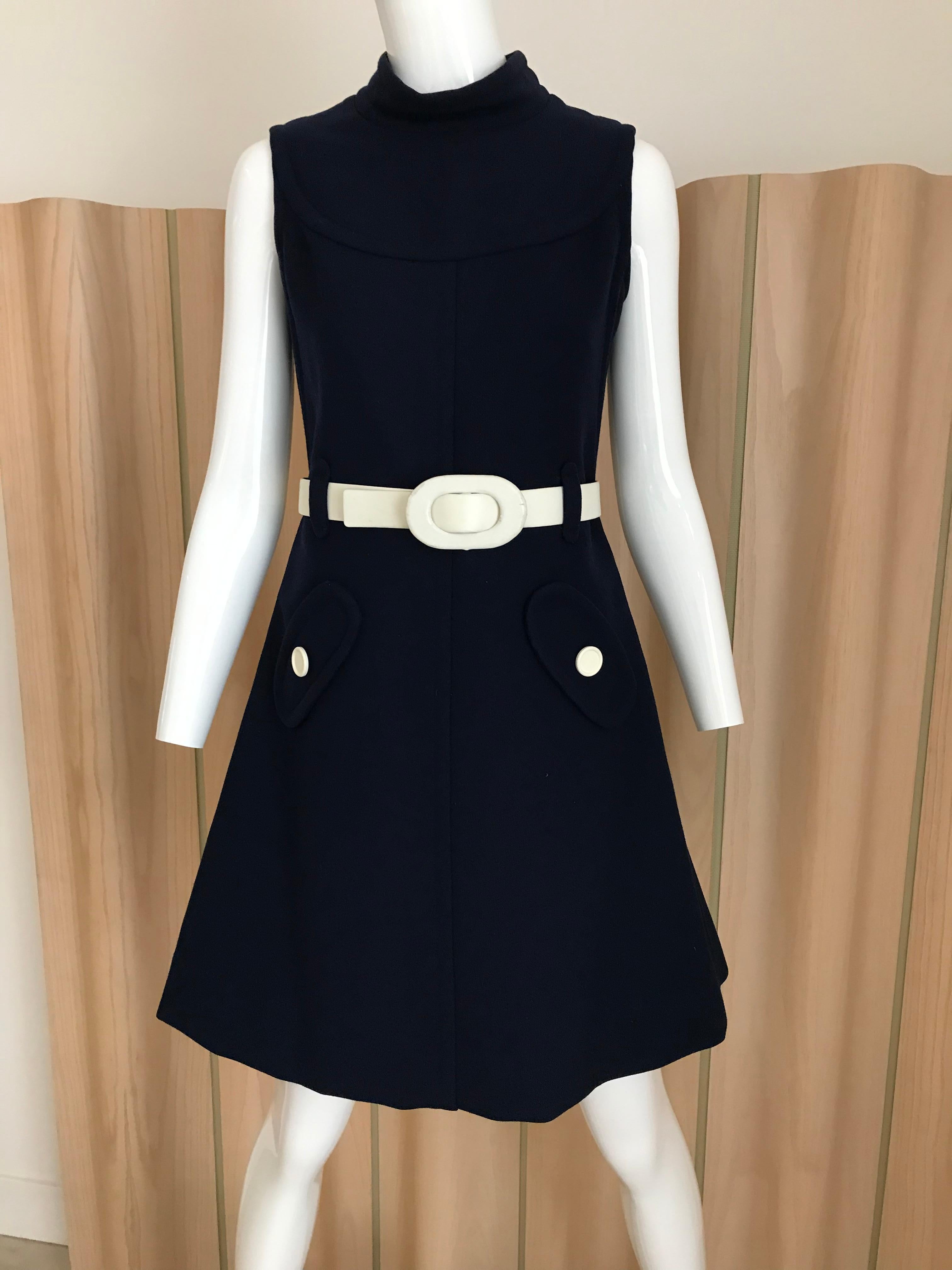 1960s Courreges Navy Blue Sleeveless Shift Dress with Belt 6