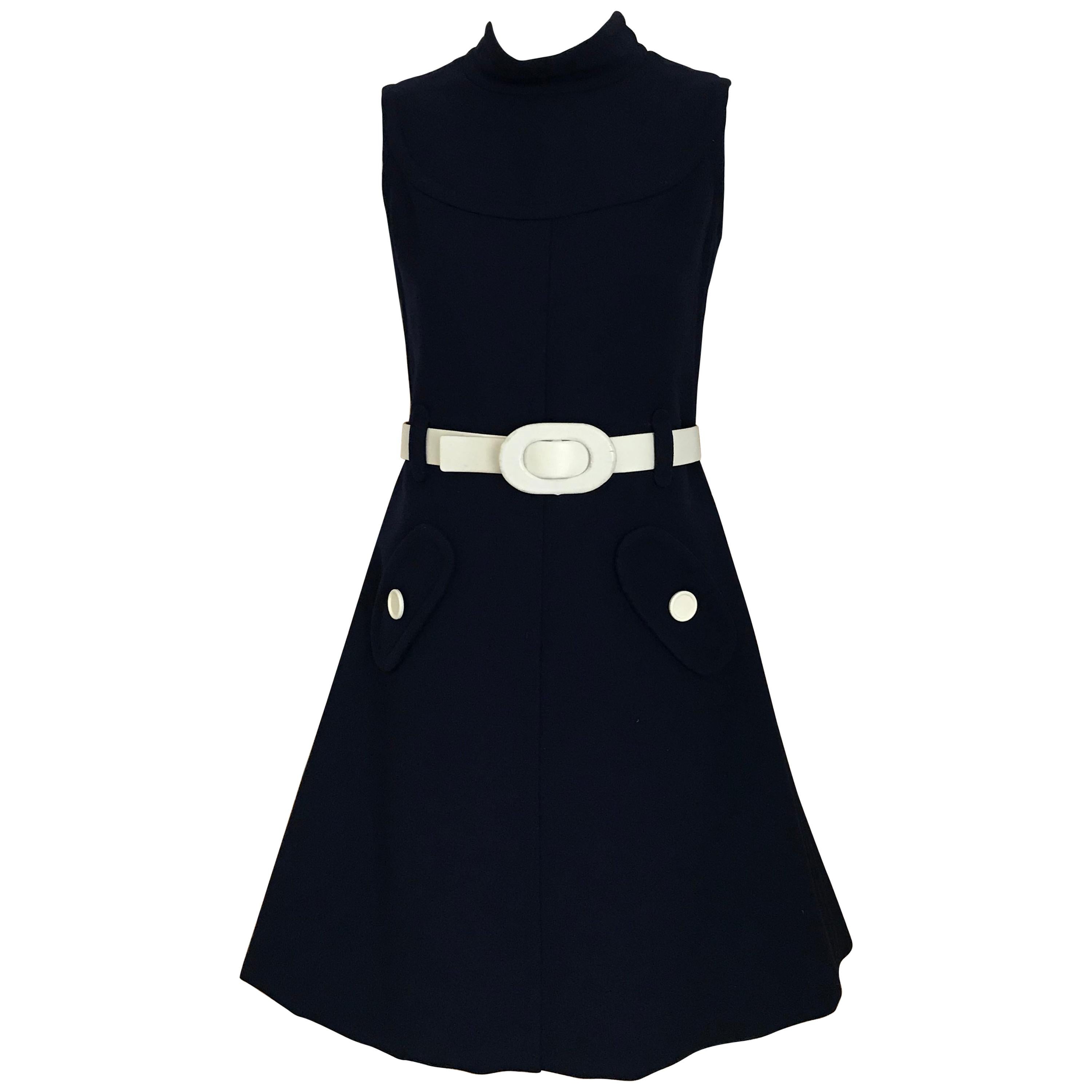 1960s Courreges Navy Blue Sleeveless Shift Dress with Belt at 1stDibs