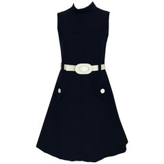 1960s Courreges Navy Blue Sleeveless Shift Dress with Belt