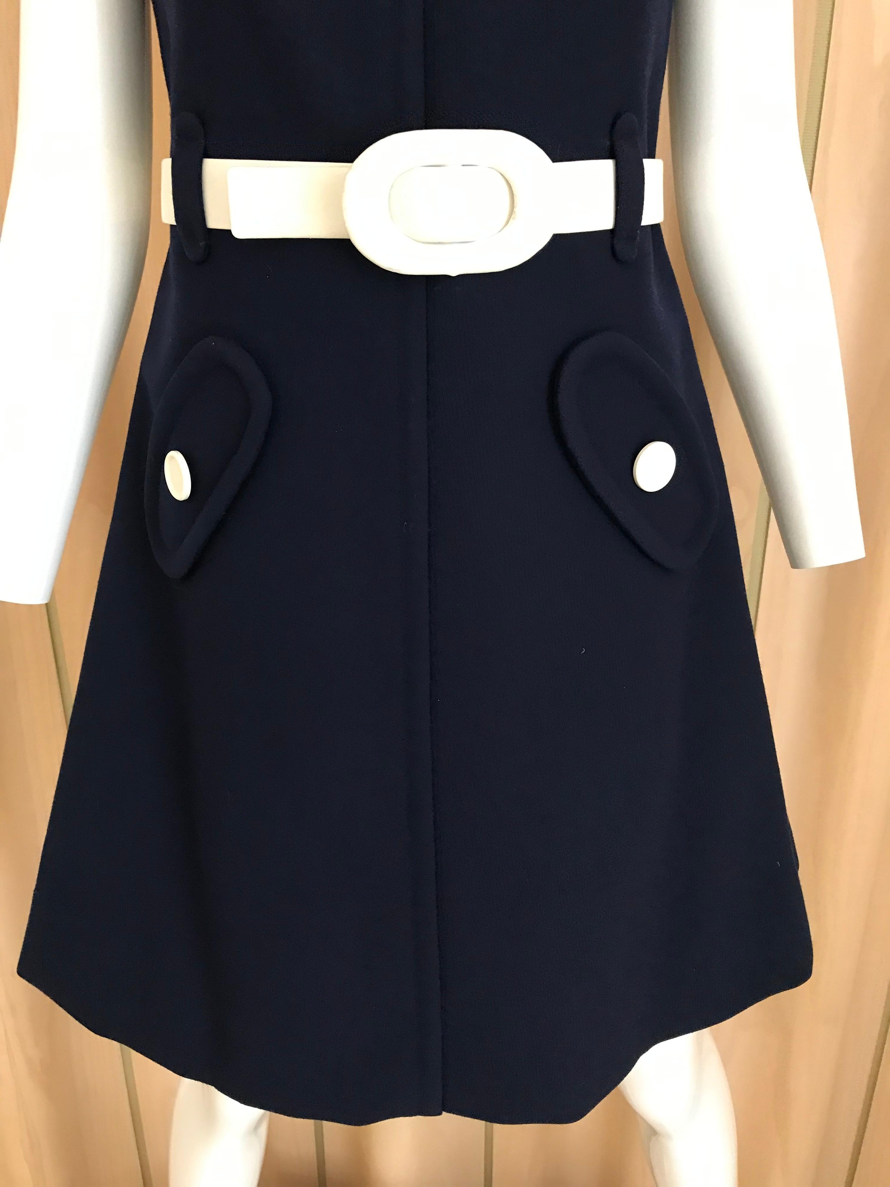 1960s Courreges Navy Blue Sleeveless Shift Dress with Belt In Good Condition In Beverly Hills, CA