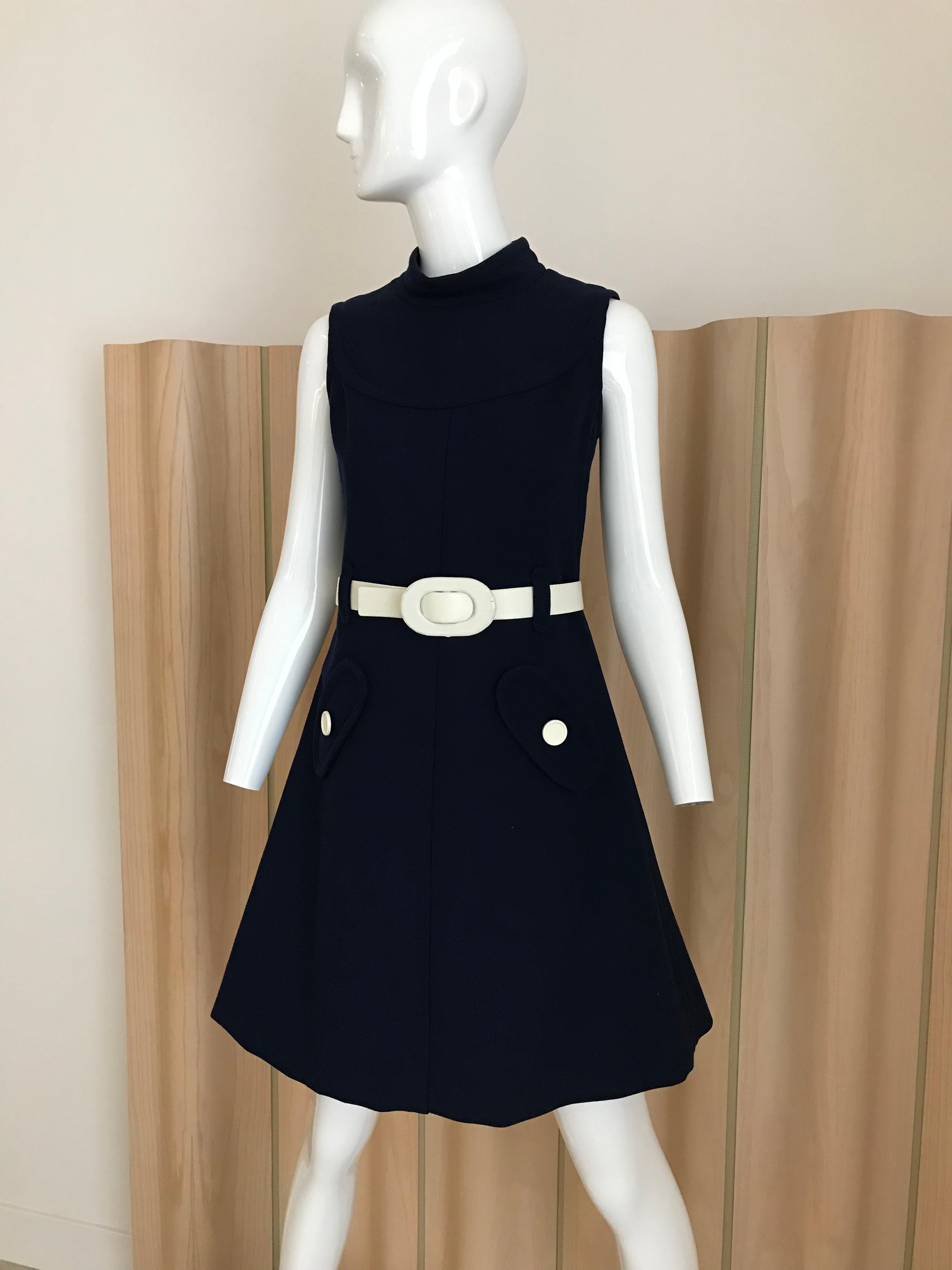 1960s Courreges Navy Blue Sleeveless Shift Dress with Belt 1