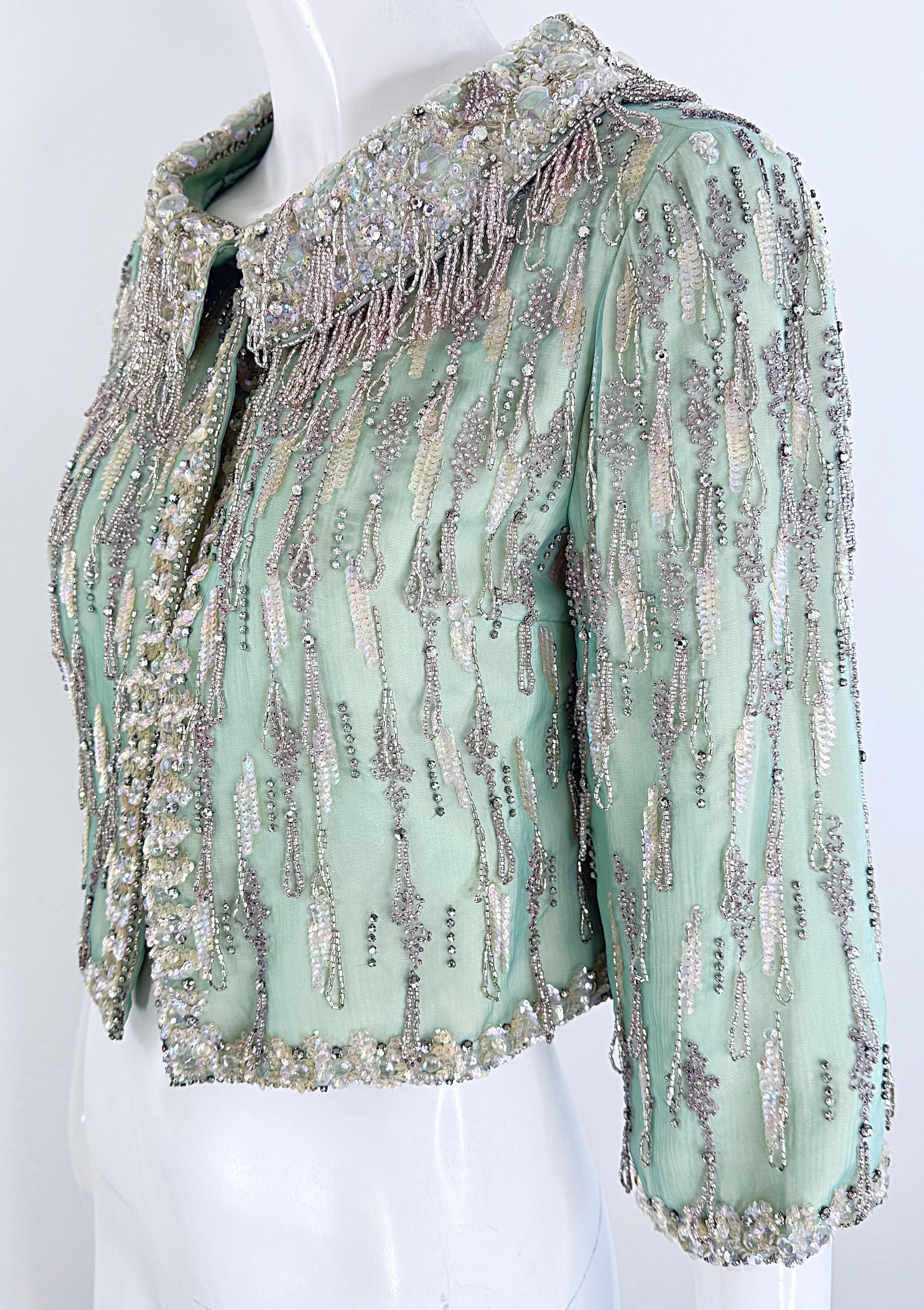 1960s Couture Aqua Beaded Rhinestone Sequin Encrusted Vintage 60s Silk Jacket For Sale 5