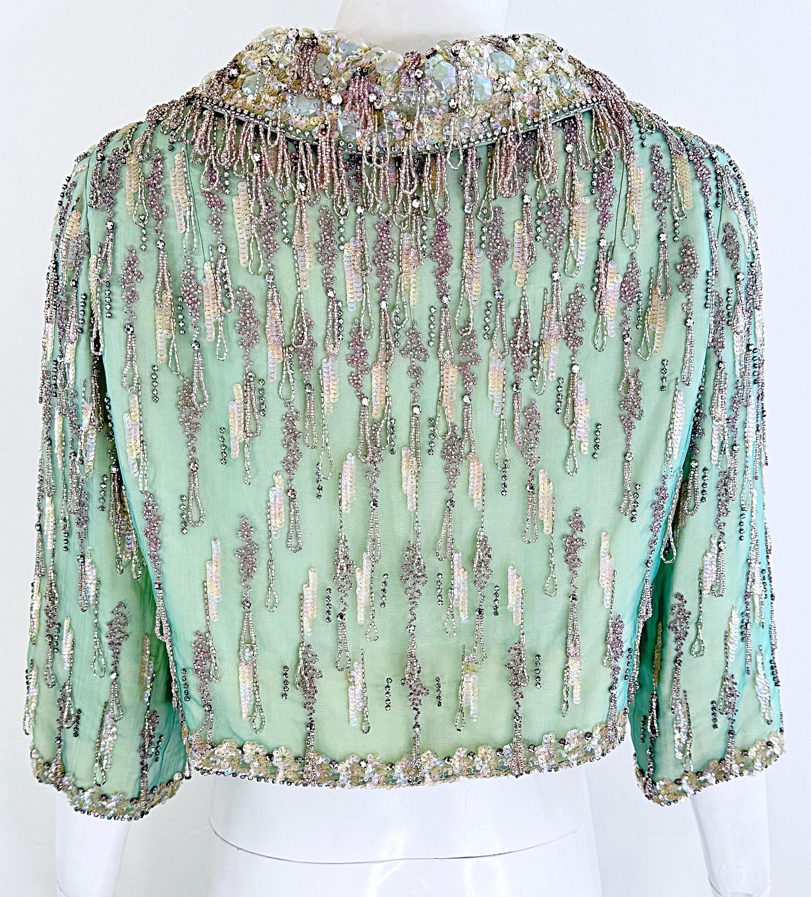 1960s Couture Aqua Beaded Rhinestone Sequin Encrusted Vintage 60s Silk Jacket For Sale 7