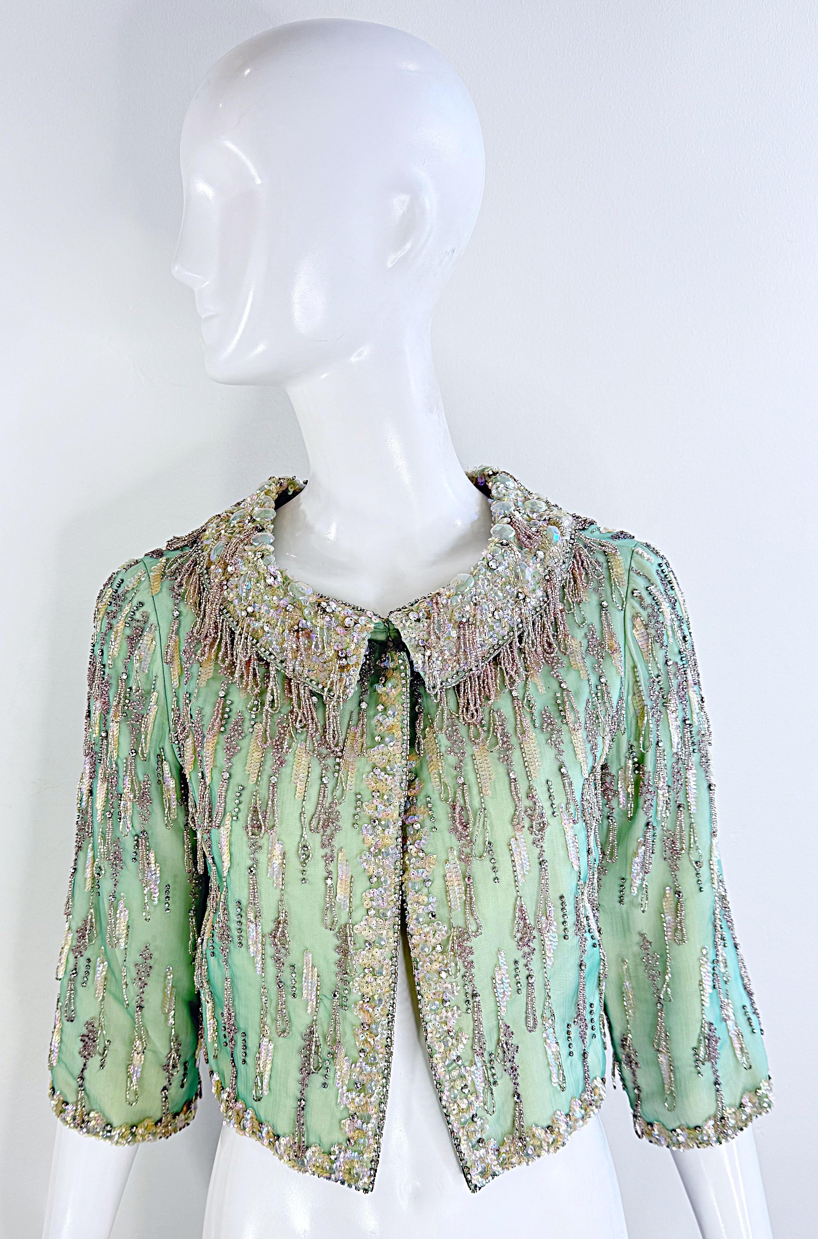 1960s Couture Aqua Beaded Rhinestone Sequin Encrusted Vintage 60s Silk Jacket For Sale 8