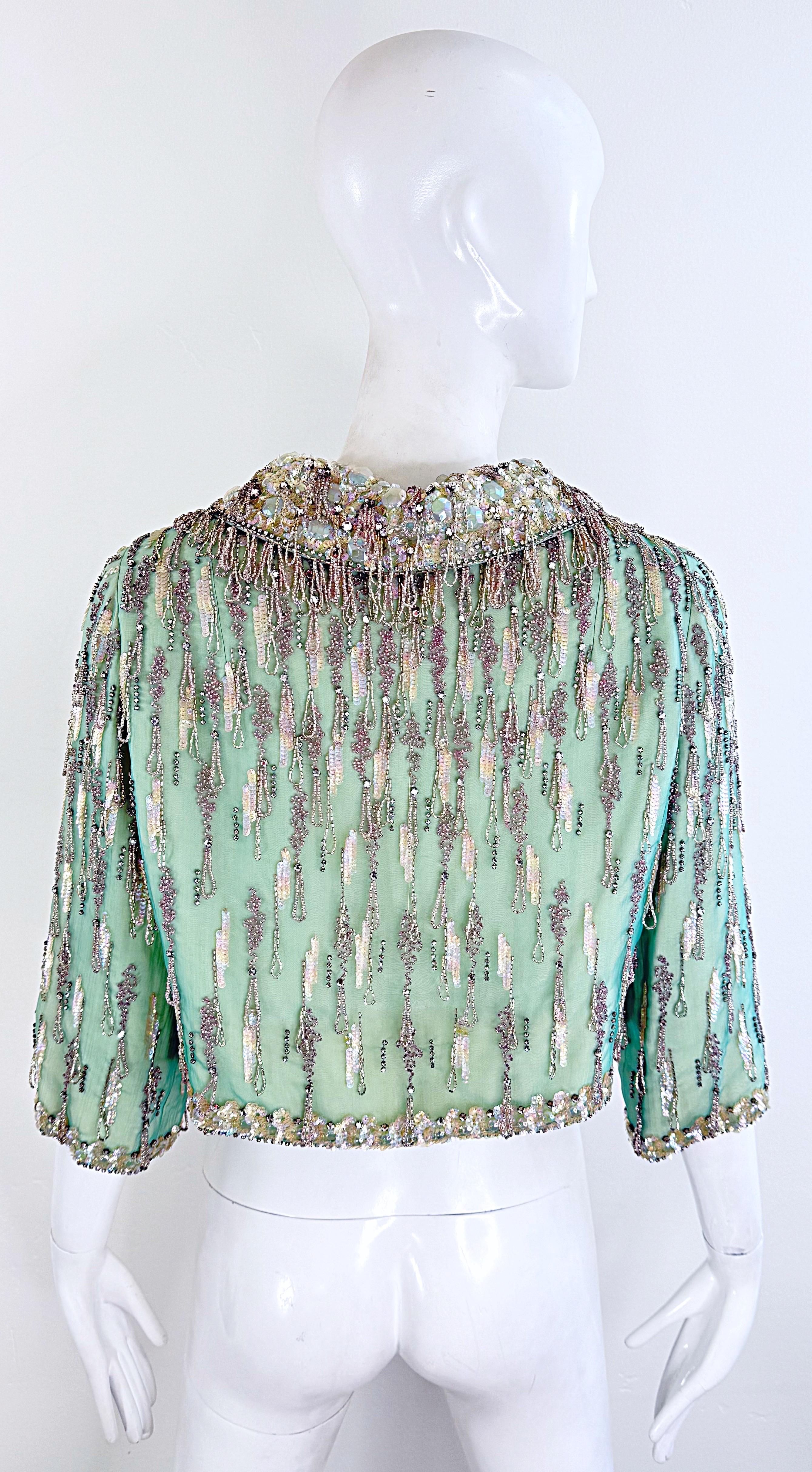 1960s Couture Aqua Beaded Rhinestone Sequin Encrusted Vintage 60s Silk Jacket In Excellent Condition For Sale In San Diego, CA