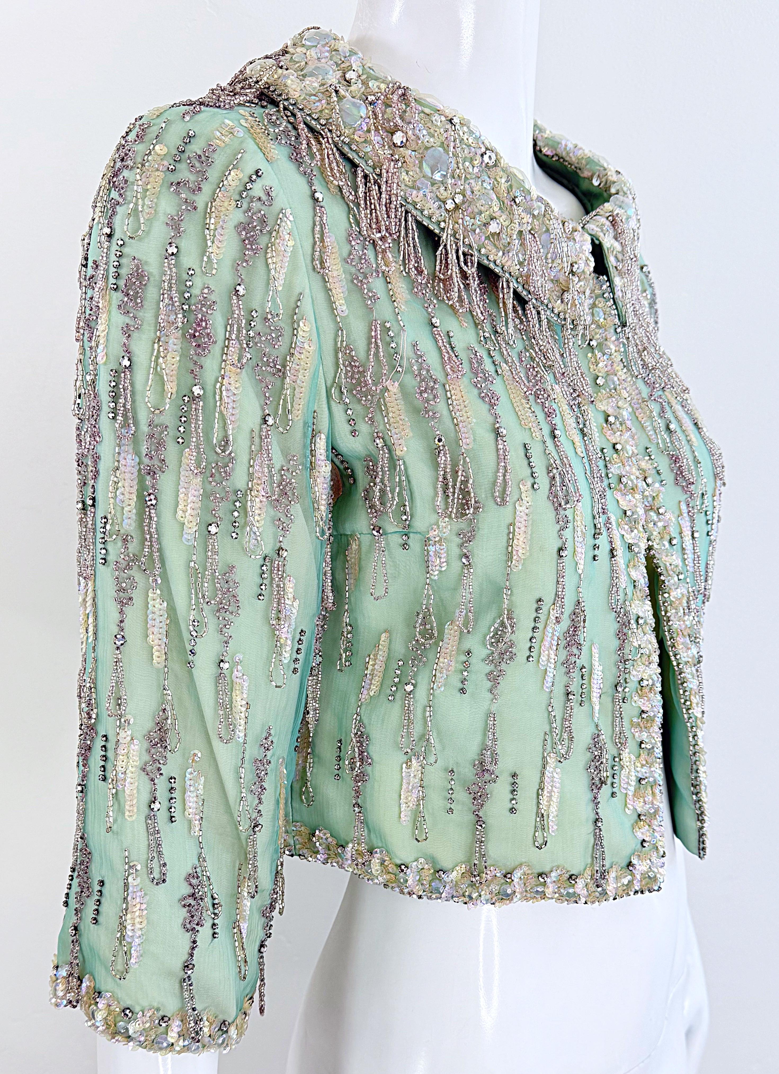 Women's 1960s Couture Aqua Beaded Rhinestone Sequin Encrusted Vintage 60s Silk Jacket For Sale