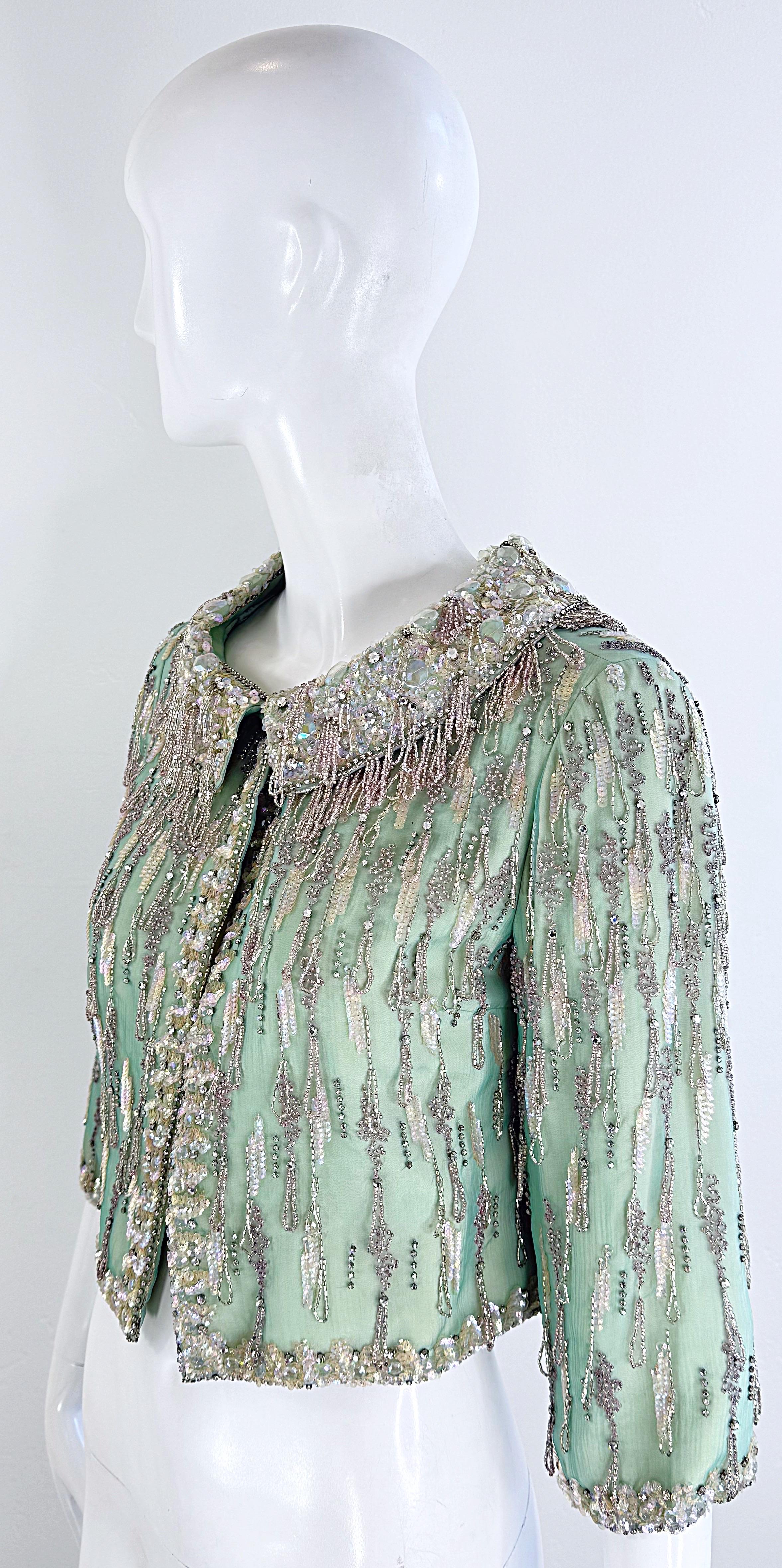 1960s Couture Aqua Beaded Rhinestone Sequin Encrusted Vintage 60s Silk Jacket For Sale 2
