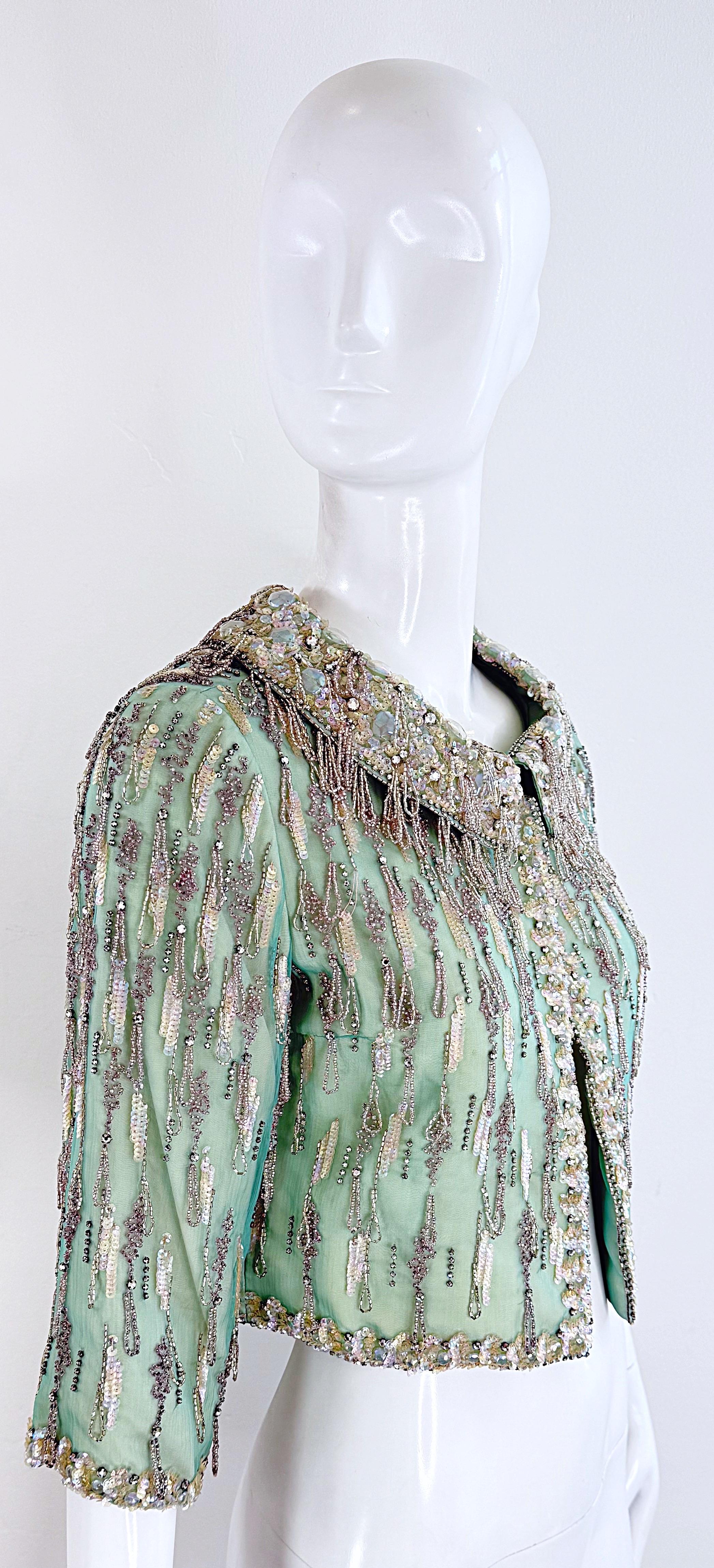 1960s Couture Aqua Beaded Rhinestone Sequin Encrusted Vintage 60s Silk Jacket For Sale 3