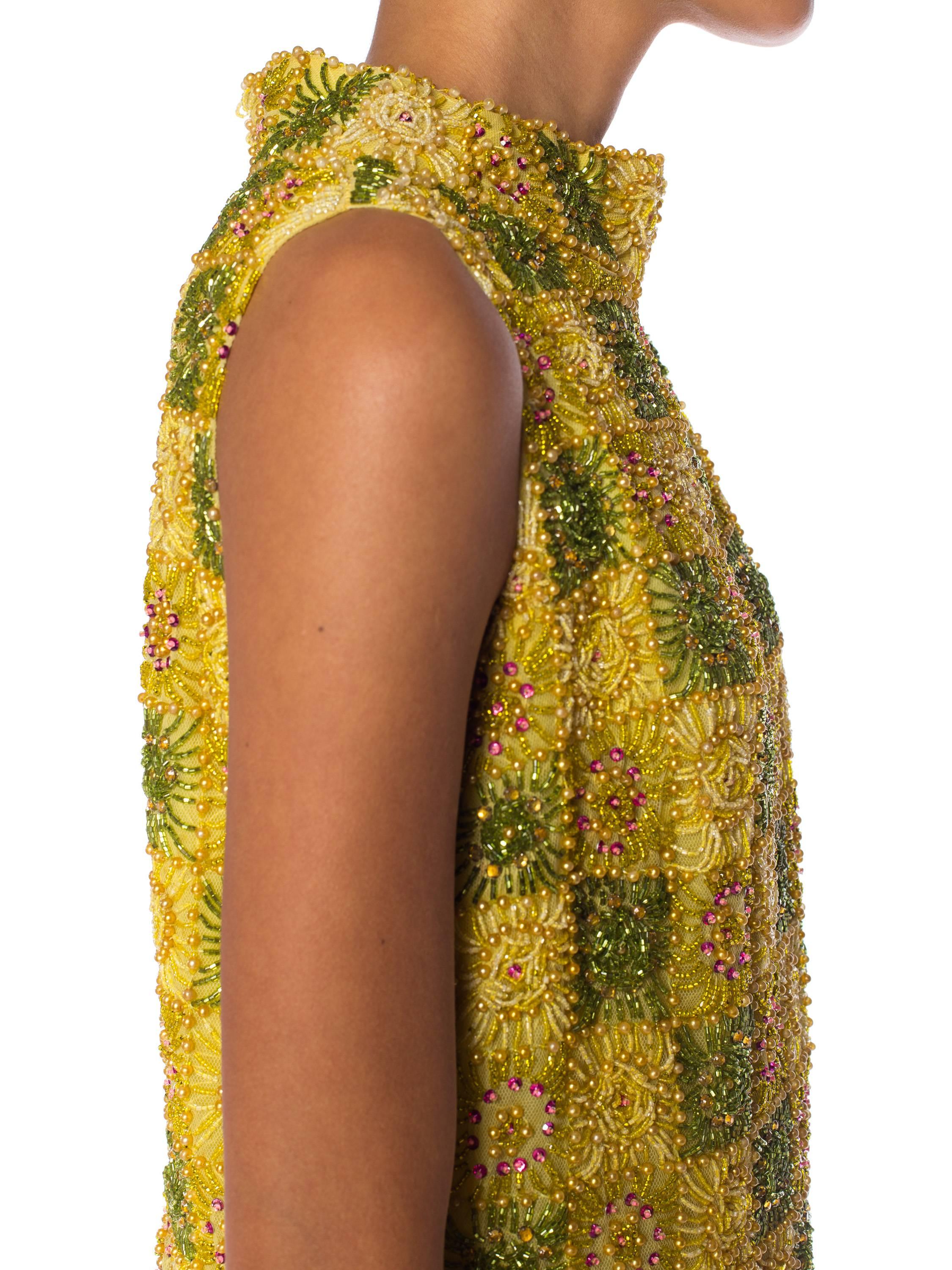 1960S Yellow Haute Couture Silk Mod Shell Top Fully Beaded With Crystals For Sale 4