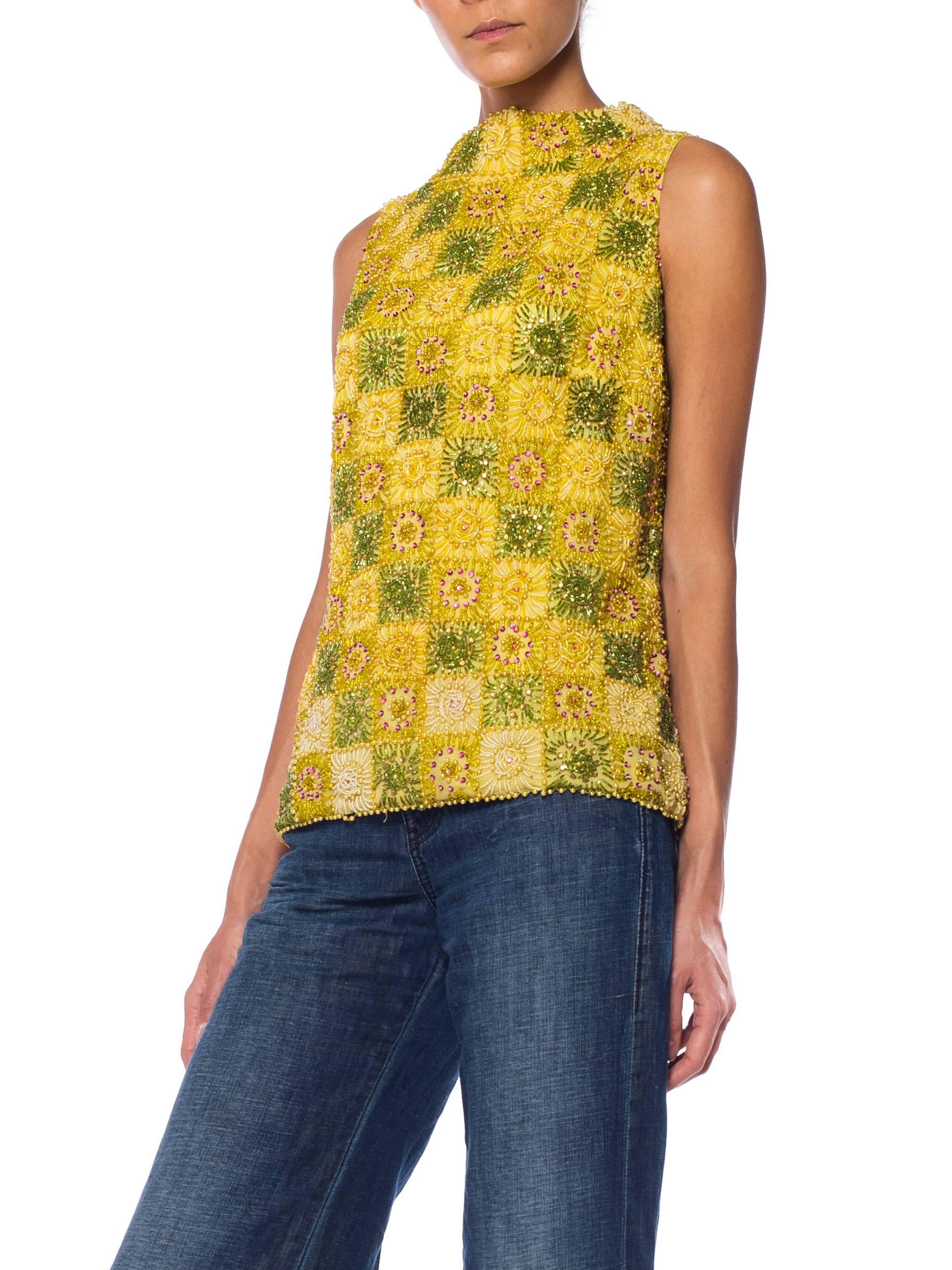 Women's 1960S Yellow Haute Couture Silk Mod Shell Top Fully Beaded With Crystals