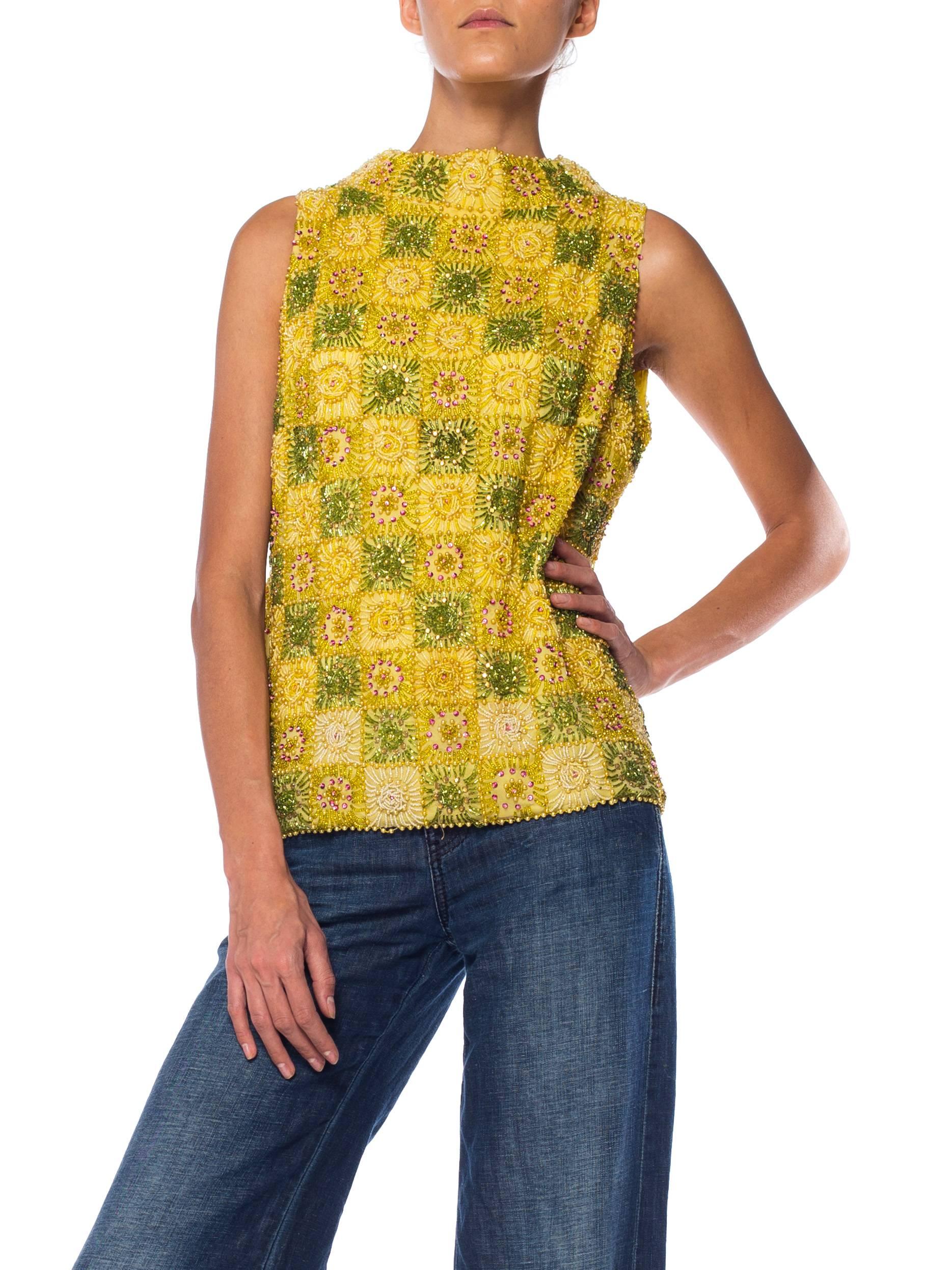 1960S Yellow Haute Couture Silk Mod Shell Top Fully Beaded With Crystals 1