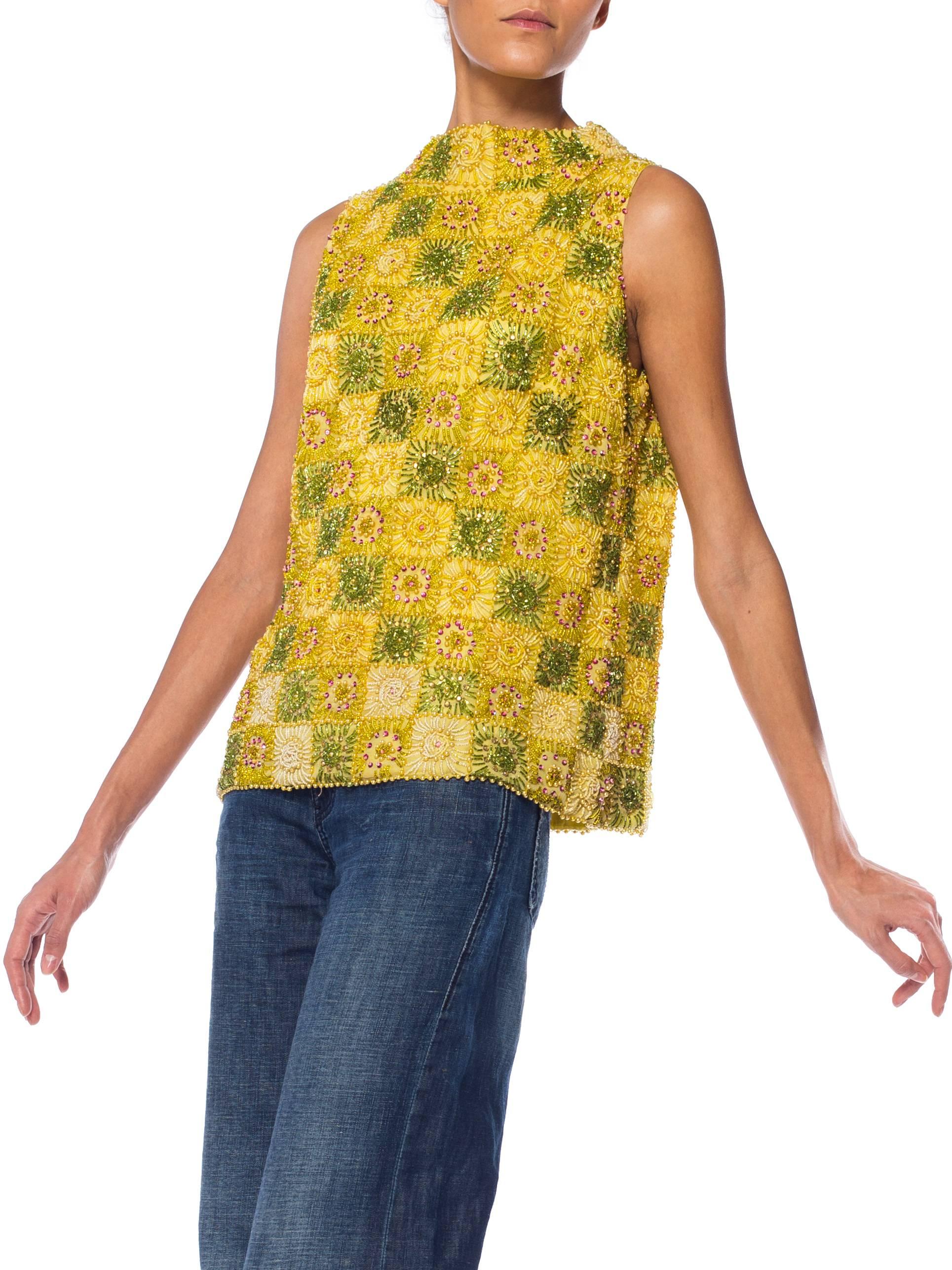 1960S Yellow Haute Couture Silk Mod Shell Top Fully Beaded With Crystals 2