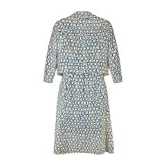 1960s Couture Cream and Blue Geometric Silk Dress and Jacket