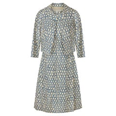 1960s Couture Cream and Blue Geometric Silk Dress and Jacket