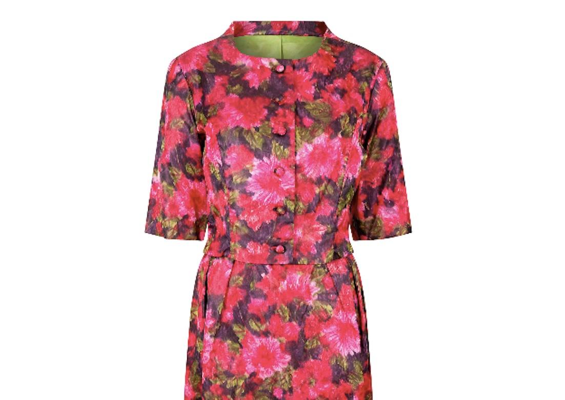 Women's 1960s Couture Floral Satin Dress Suit For Sale