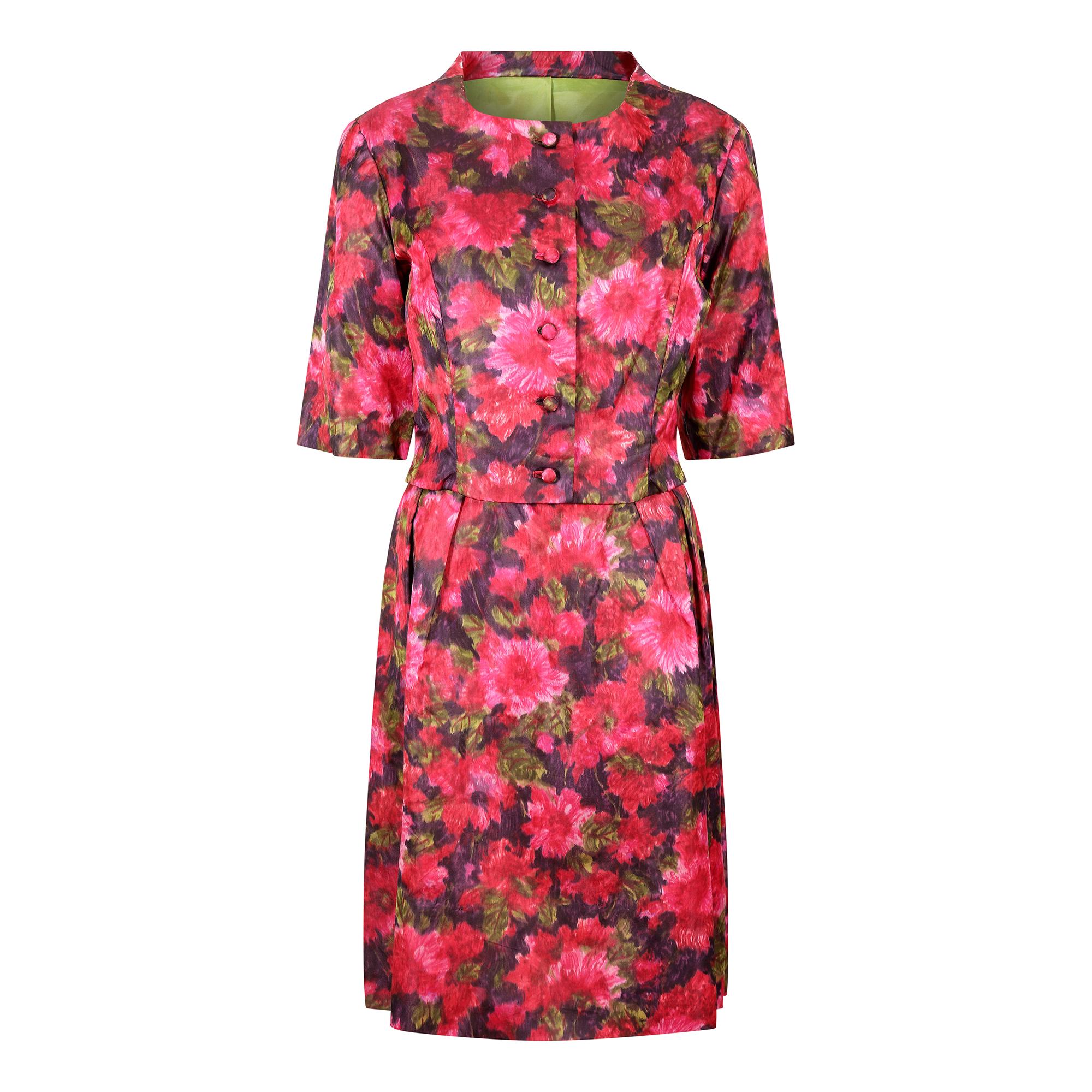 1960s Couture Floral Satin Dress Suit For Sale