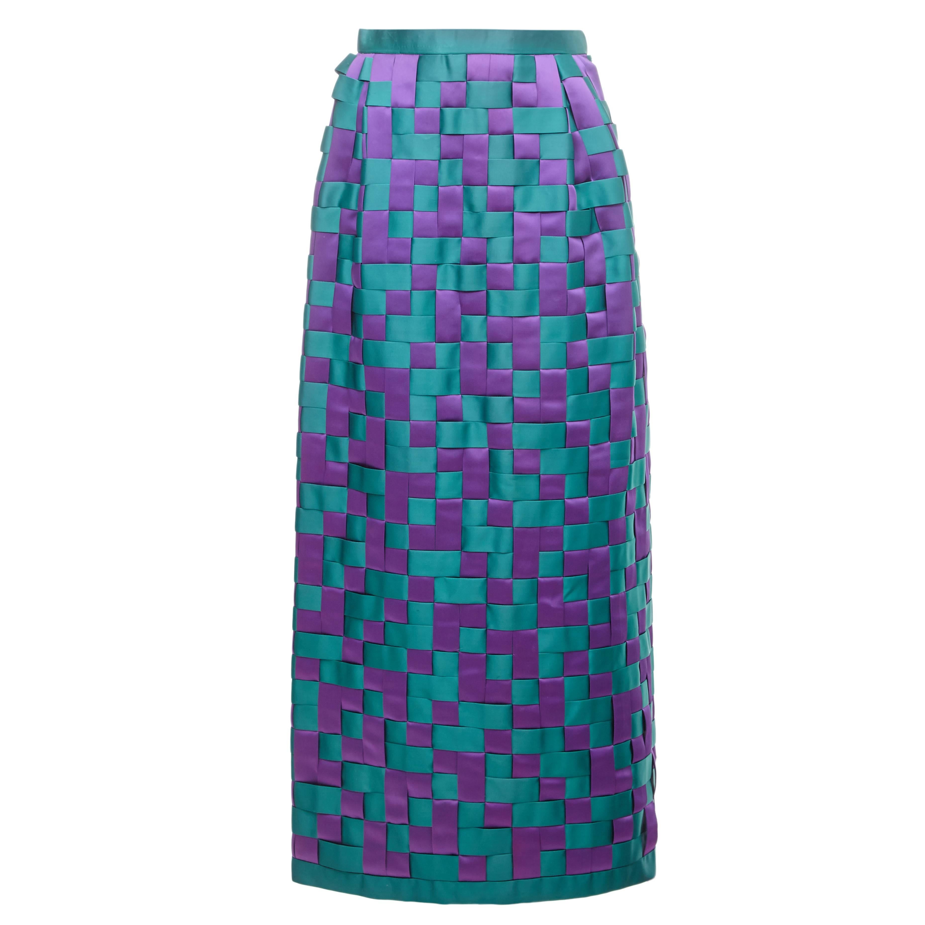 1960s Couture Green and Purple Woven Satin Long Pencil Skirt