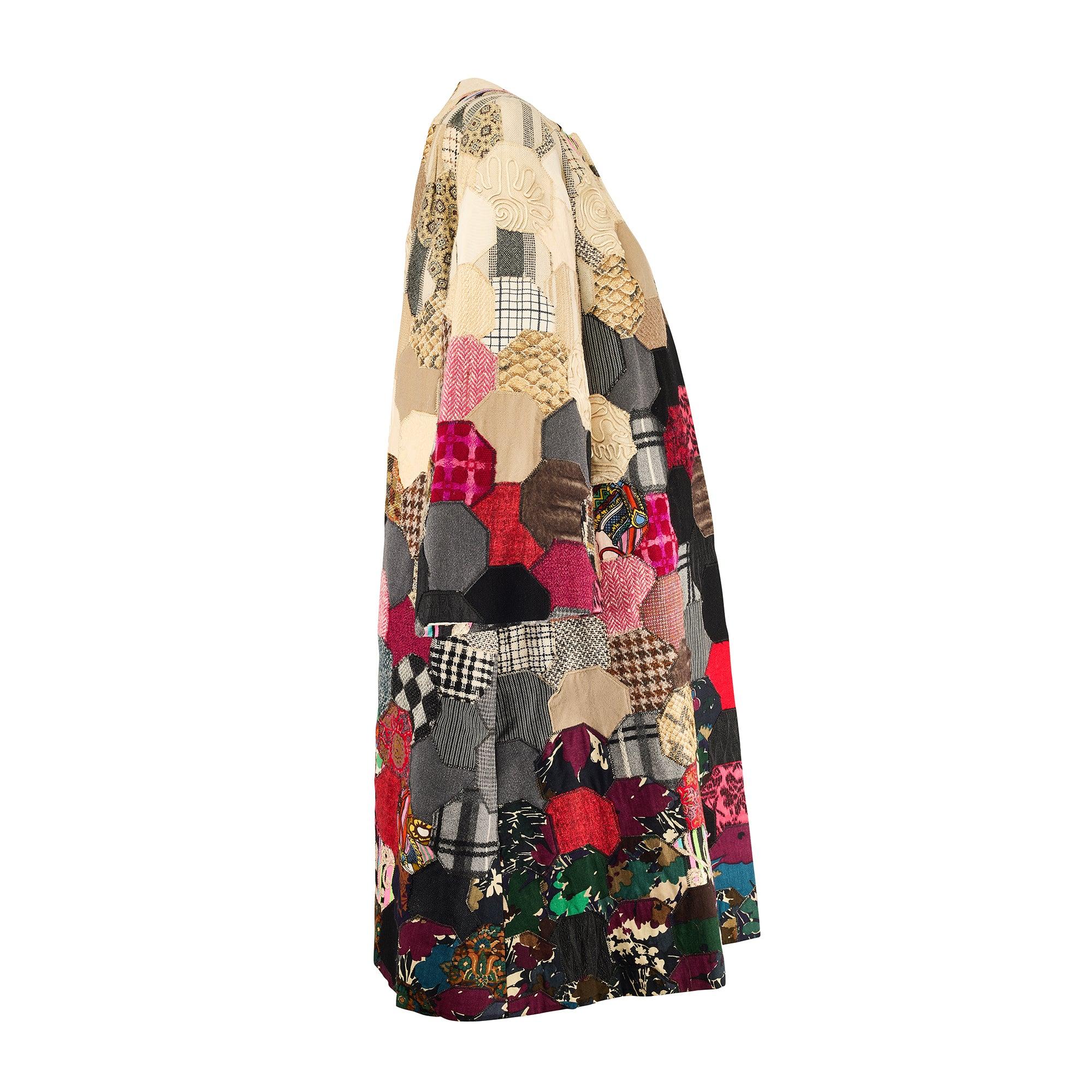 This beautifully made coat was created by an unknown designer in the late 1960s and is likely to be American made. Patchwork fashion was all the rage in the haute couture collections of 1968 and 69, especially from the designers Yves Saint Laurent