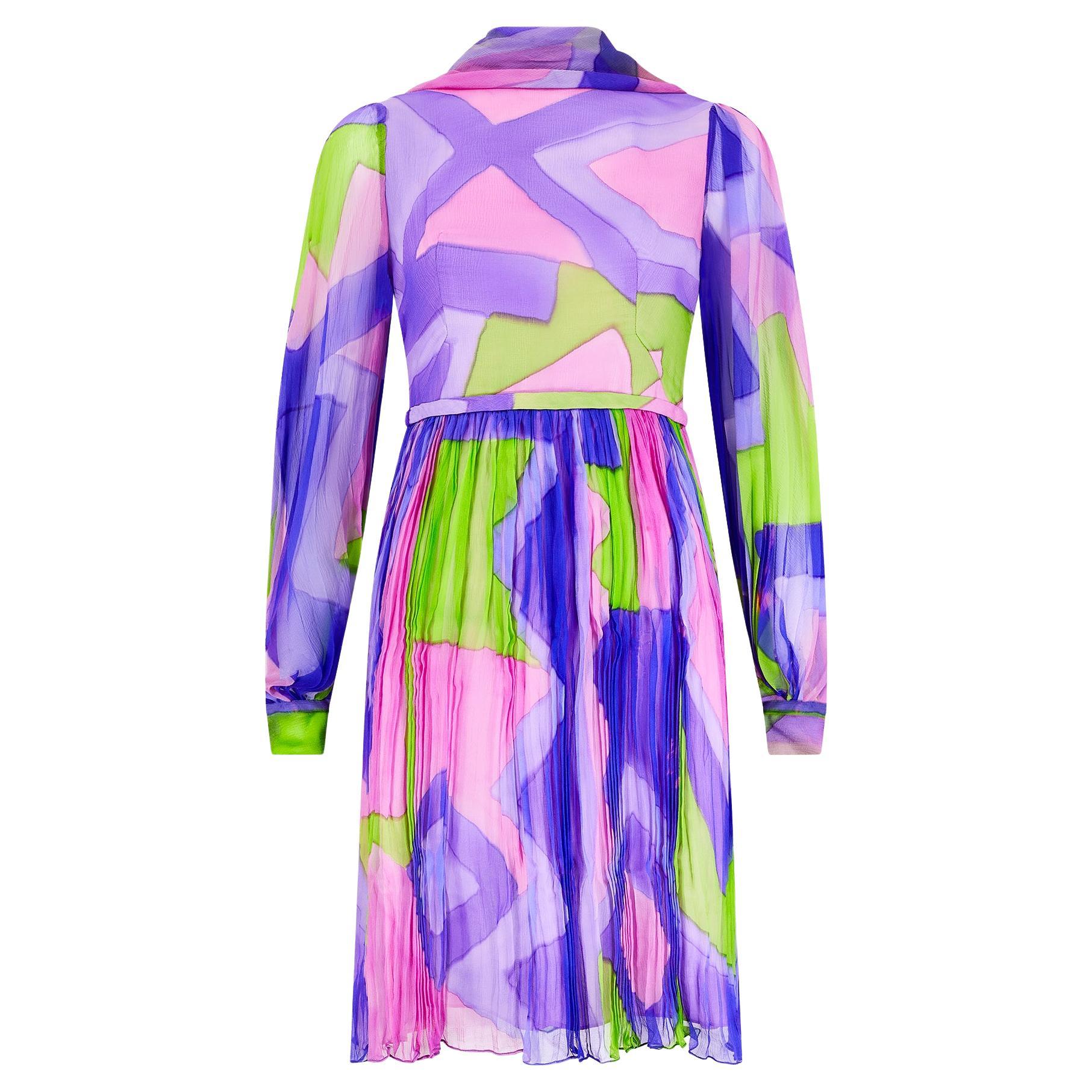 1960s Couture Purple and Green Hand Dyed Silk Chiffon Dress For Sale