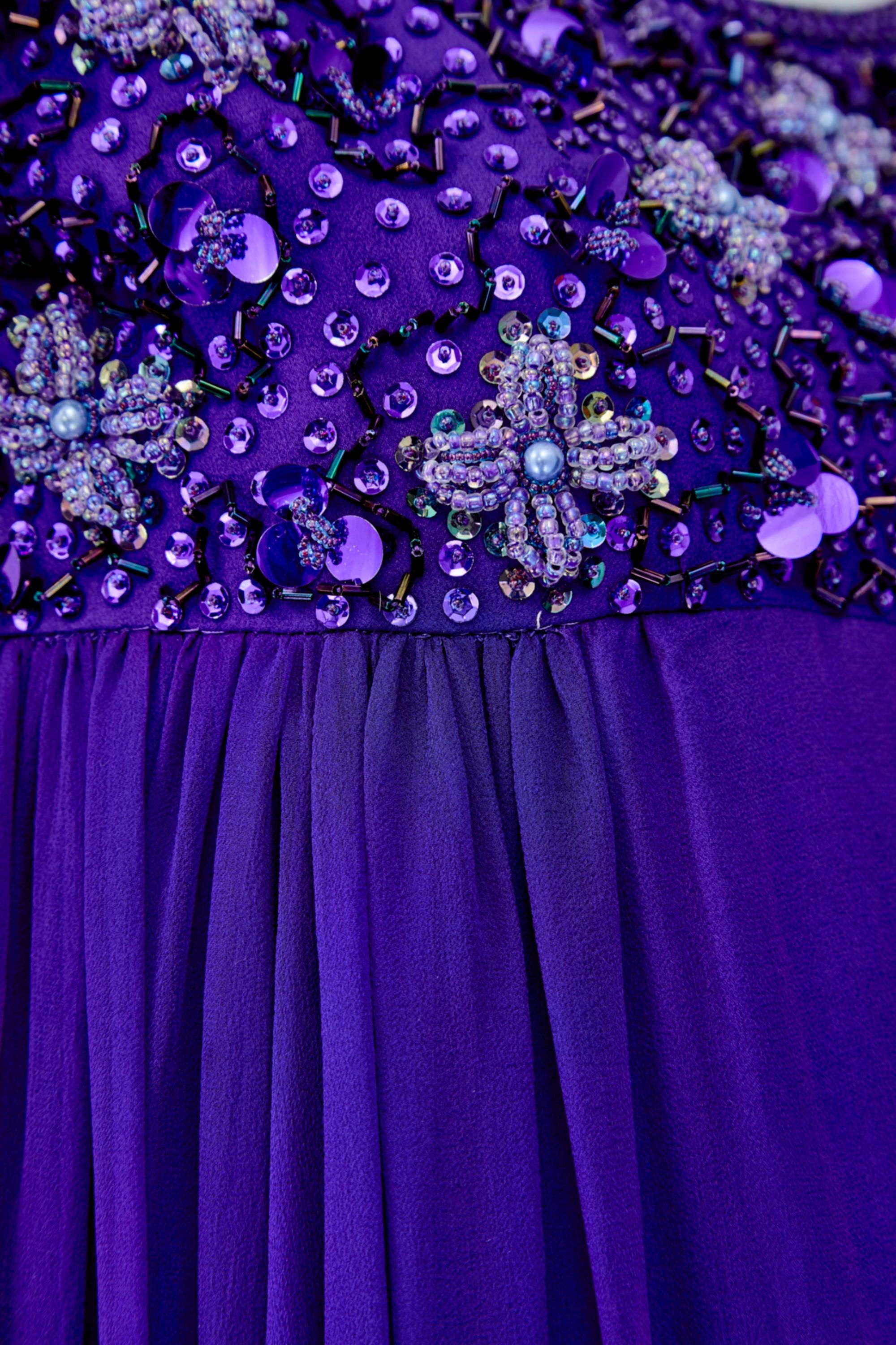 Women's 1960s Couture Purple Sequin and Beaded Empire Line Dress For Sale