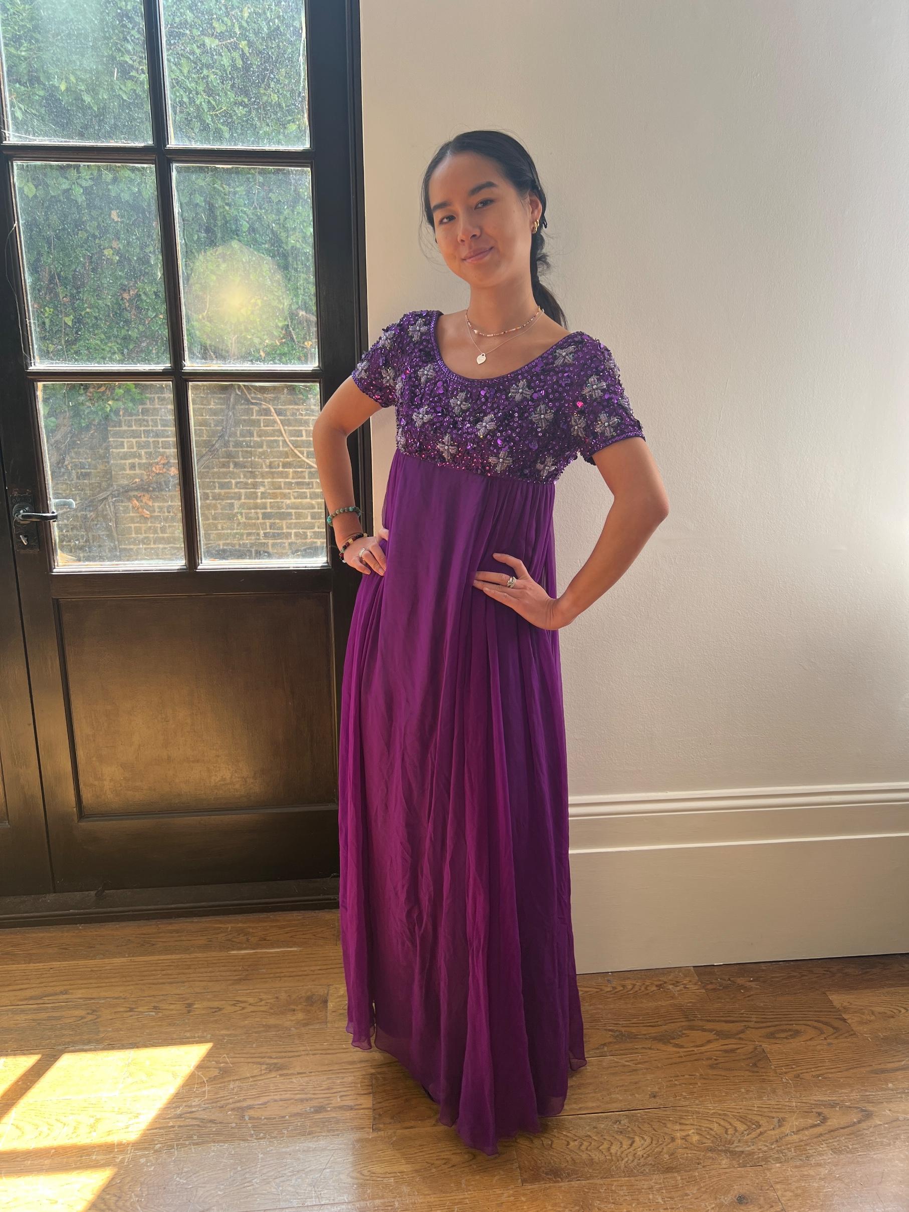 1960s Couture Purple Sequin and Beaded Empire Line Dress For Sale 1