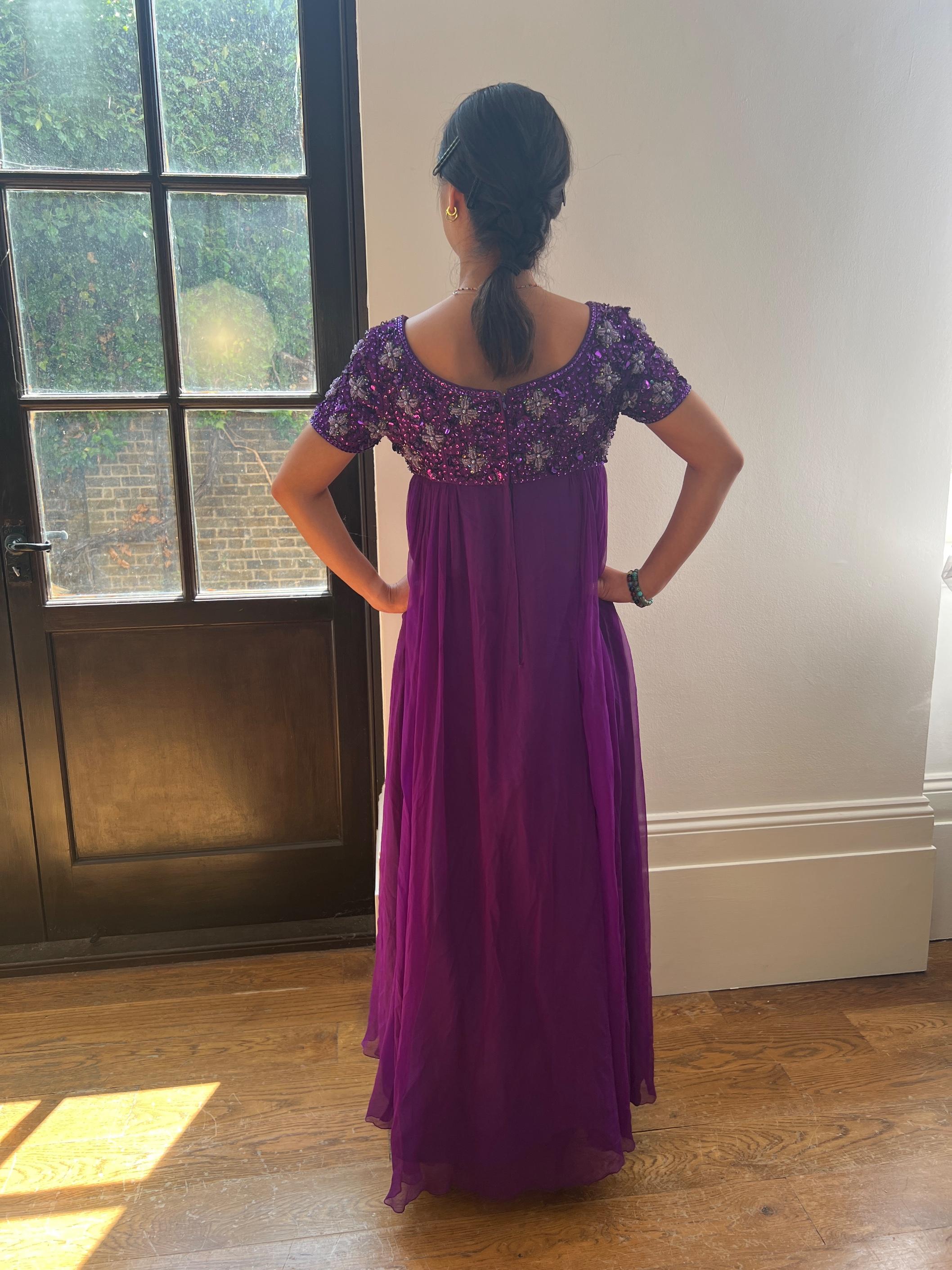 1960s Couture Purple Sequin and Beaded Empire Line Dress For Sale 2