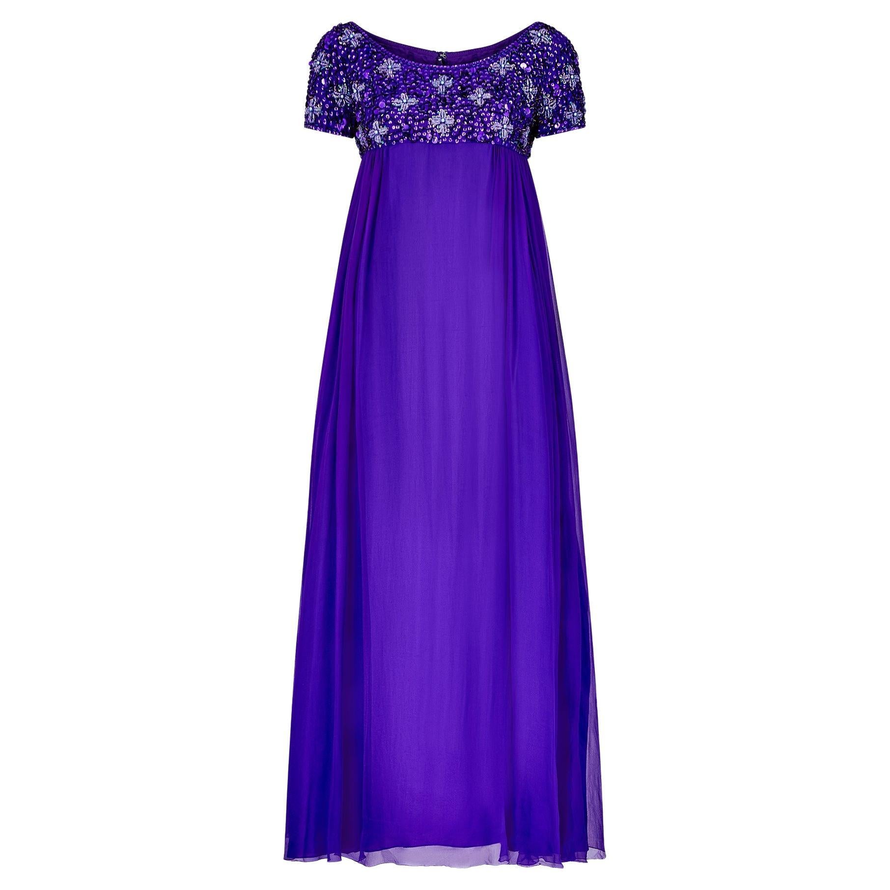 1960s Couture Purple Sequin and Beaded Empire Line Dress For Sale