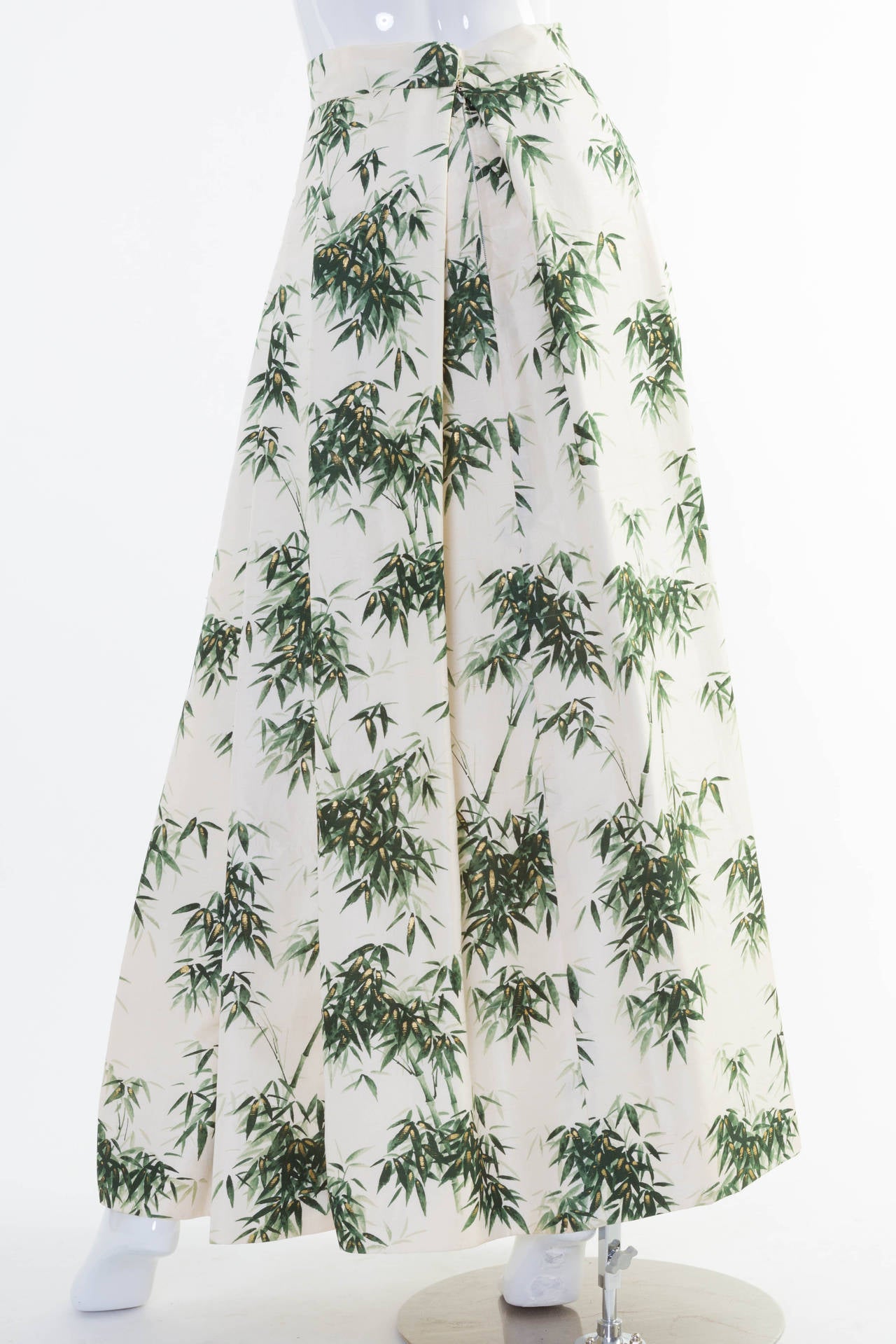 Gray 1960s Couture Silk Bamboo Ivory Green & Gold Leaf Print Maxi Side Pleat Skirt For Sale