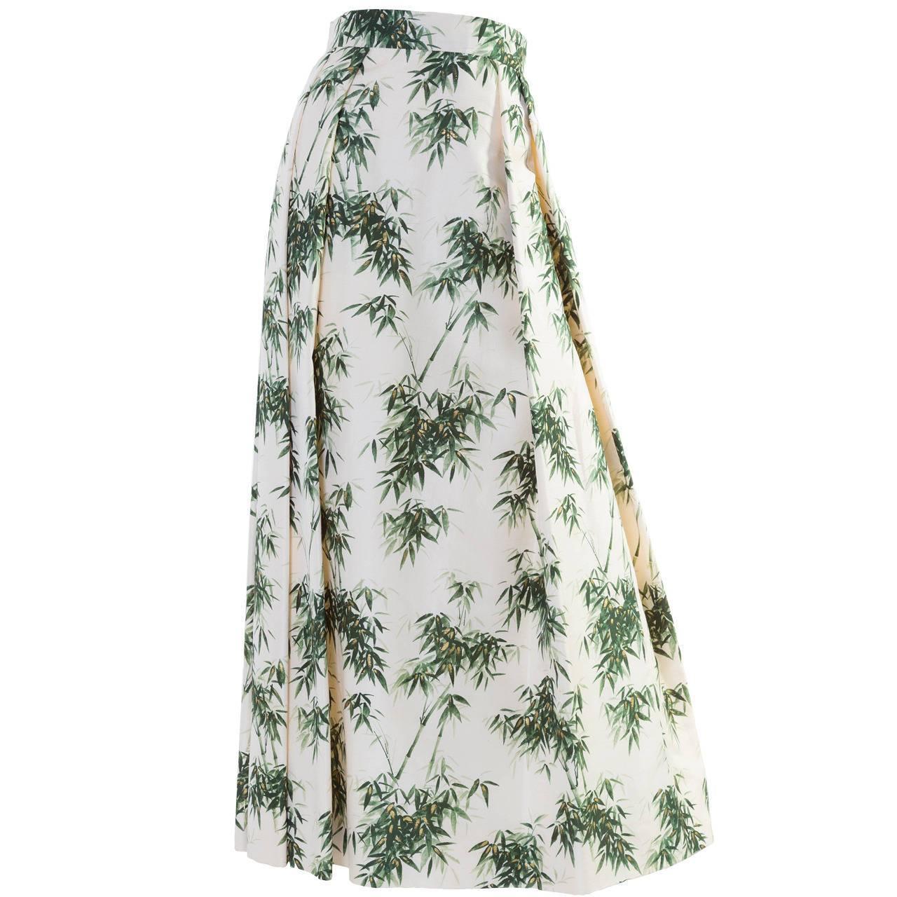 1960s Couture Silk Bamboo Ivory Green & Gold Leaf Print Maxi Side Pleat Skirt For Sale